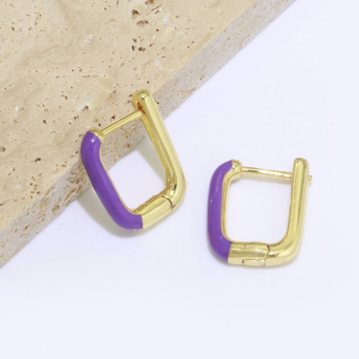 Color Enamel U Shape Hoop Earring, Small Minimalist Oval Hoop Gold Filled T-112 ~ T-124 - DLUXCA