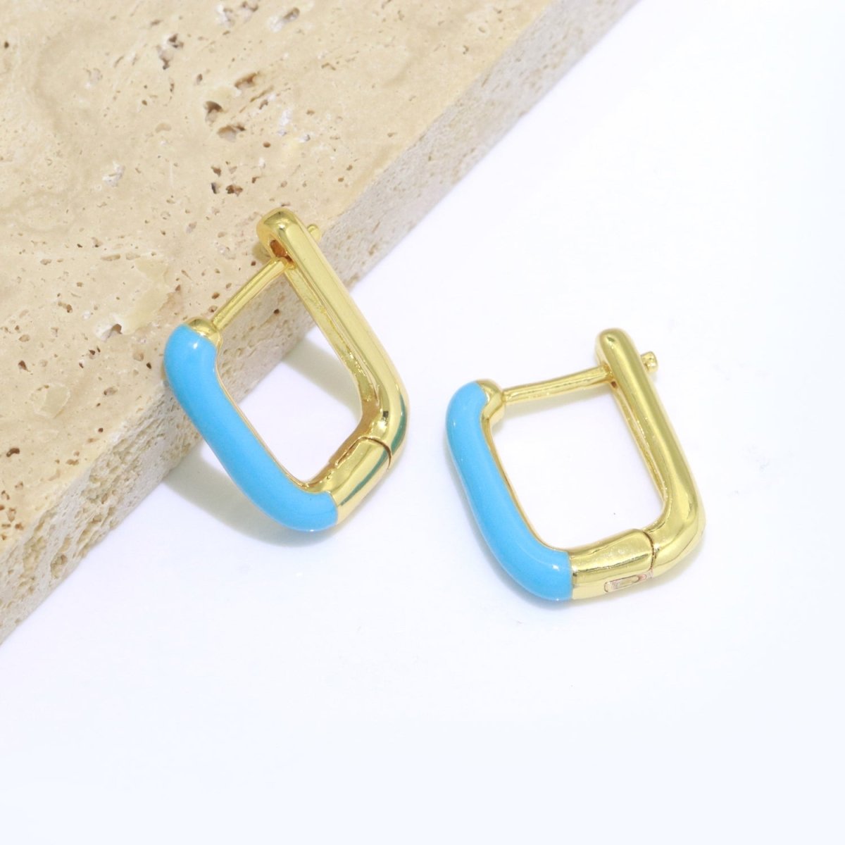 Color Enamel U Shape Hoop Earring, Small Minimalist Oval Hoop Gold Filled T-112 ~ T-124 - DLUXCA