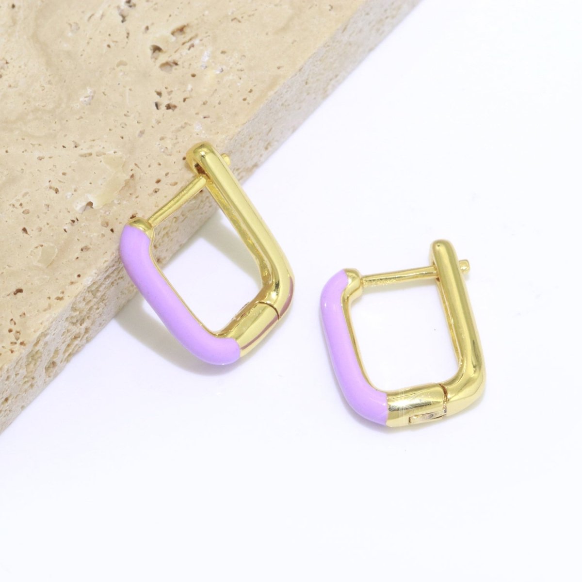 Color Enamel U Shape Hoop Earring, Small Minimalist Oval Hoop Gold Filled T-112 ~ T-124 - DLUXCA