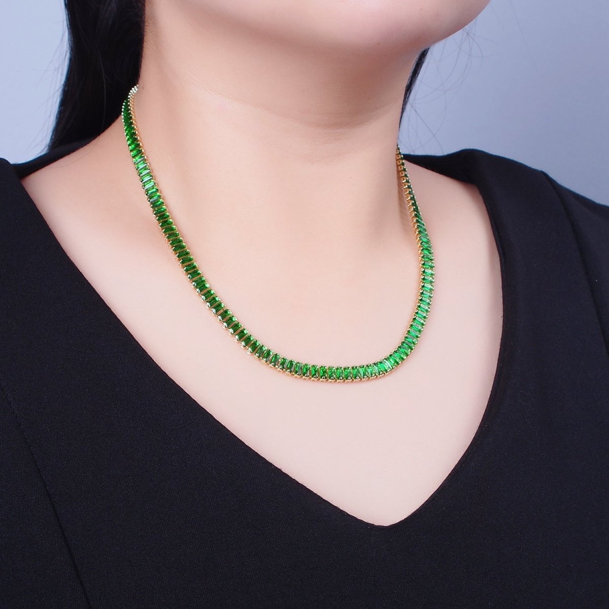 Color Tennis Baguette Necklace 24k gold Filled CZ chain necklace Layer Colorful CZ chain | WA-938 to WA-944 Clearance Pricing - DLUXCA