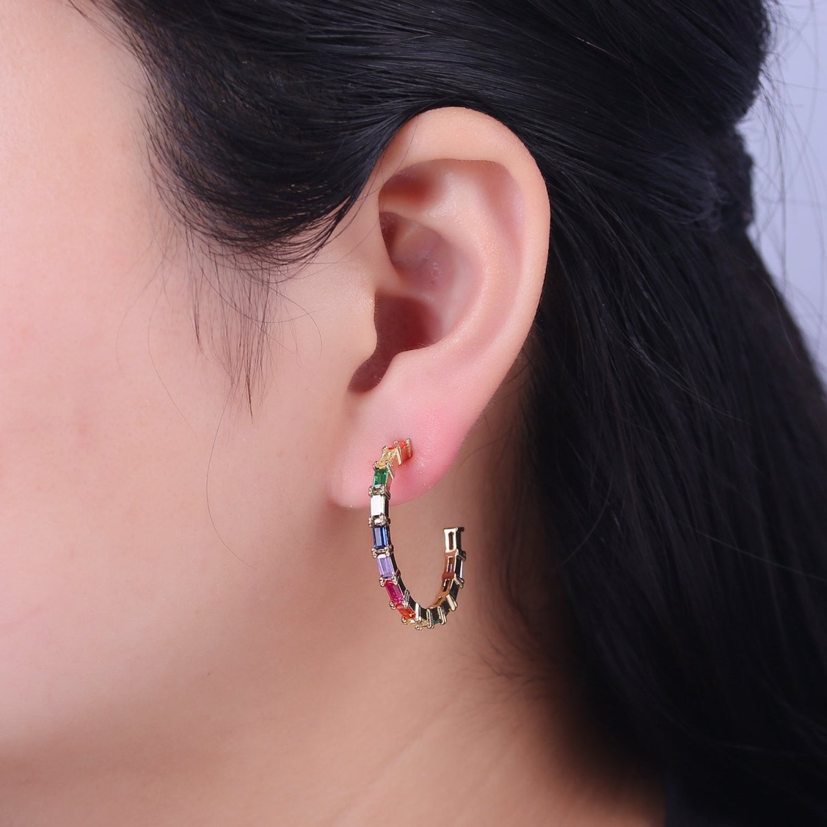 Colorful Baguette Hoop Earrings, Gold Multicolor Rainbow Hoop V-108 - DLUXCA