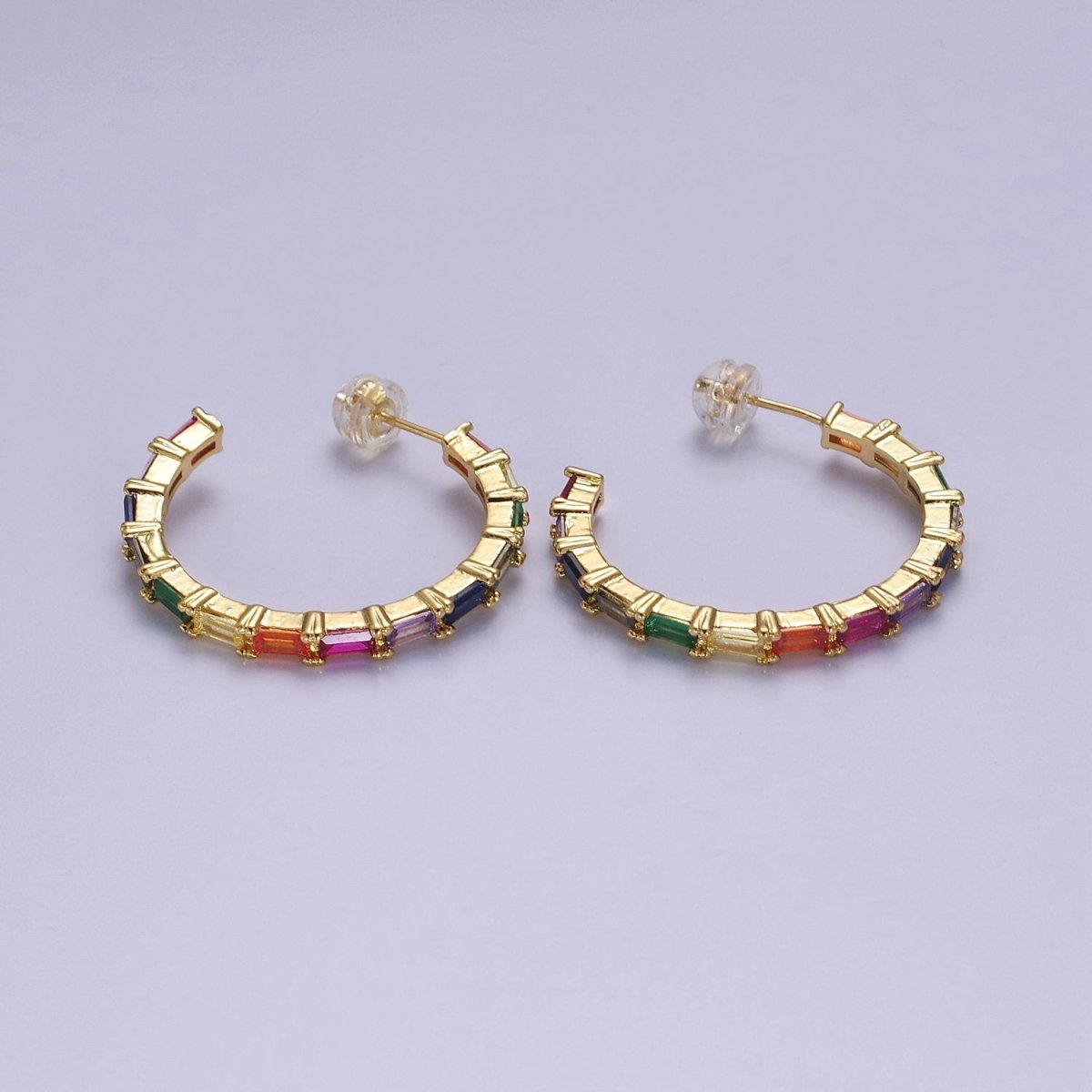 Colorful Baguette Hoop Earrings, Gold Multicolor Rainbow Hoop V-108 - DLUXCA
