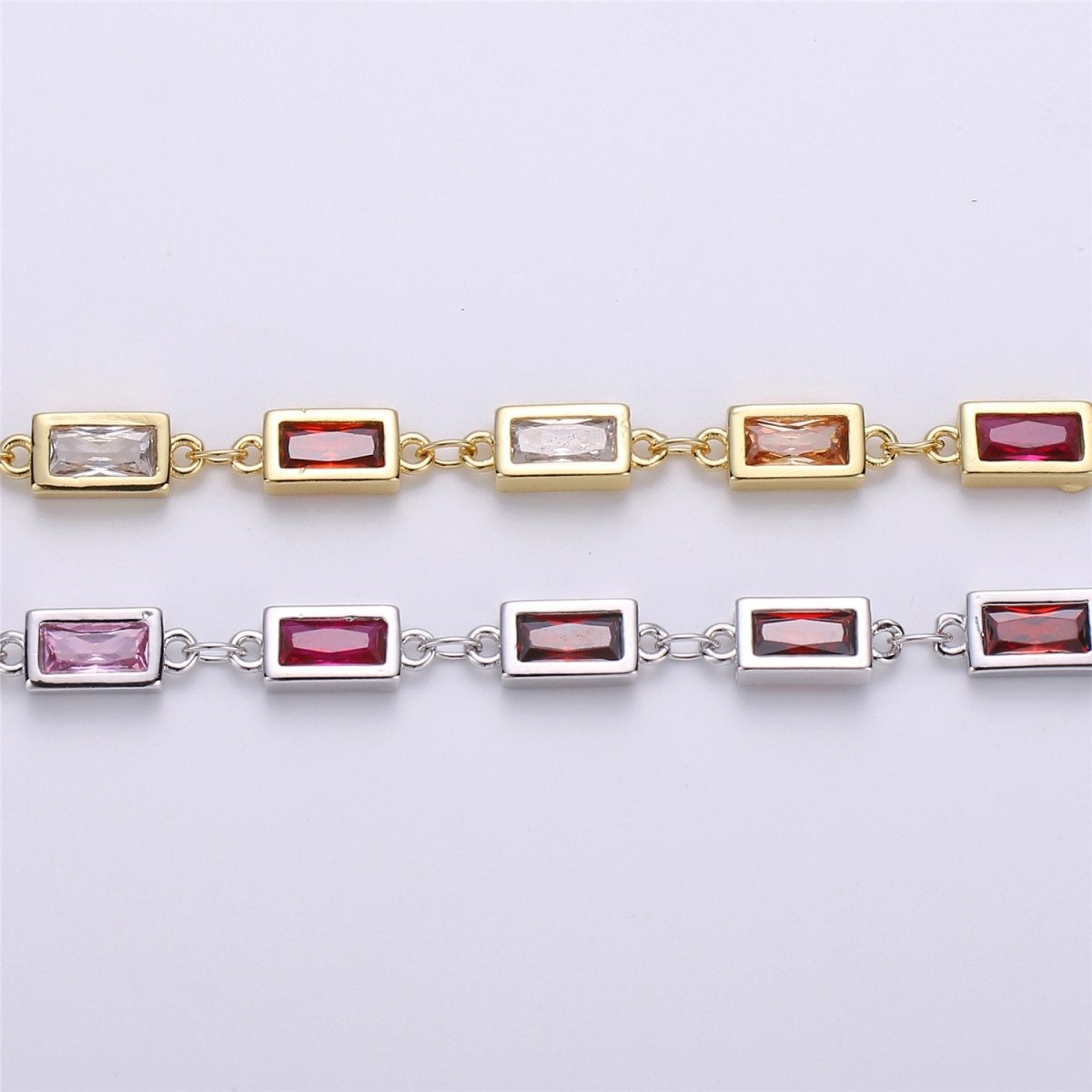 Colorful Cubic Zirconia Chain in 24K Gold Filled Rosary Chains for DIY Jewelry Making Supplies Square Bezel Chains Silver White Gold Filled, DESIGNED Chain | ROLL-106 ROLL-107 Clearance Pricing - DLUXCA