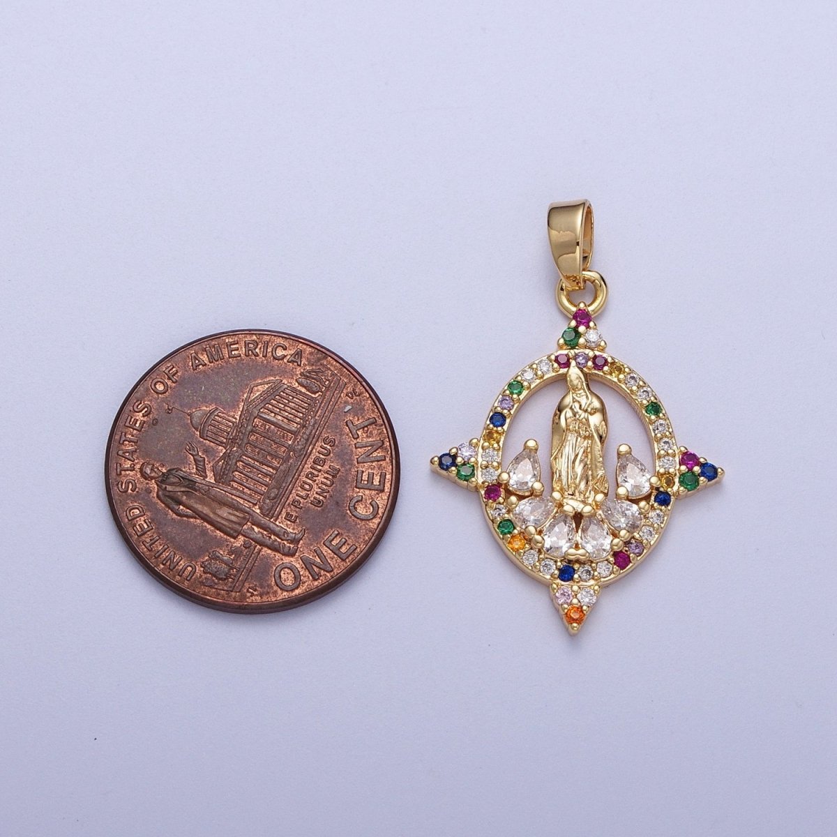 Colorful CZ Gold Four-Point Virgin Mary Oval Pendant, 24K Gold Plated Micro Paved CZ Marquise Cut Crystals Lady of Guadalupe Charm H-001 - DLUXCA