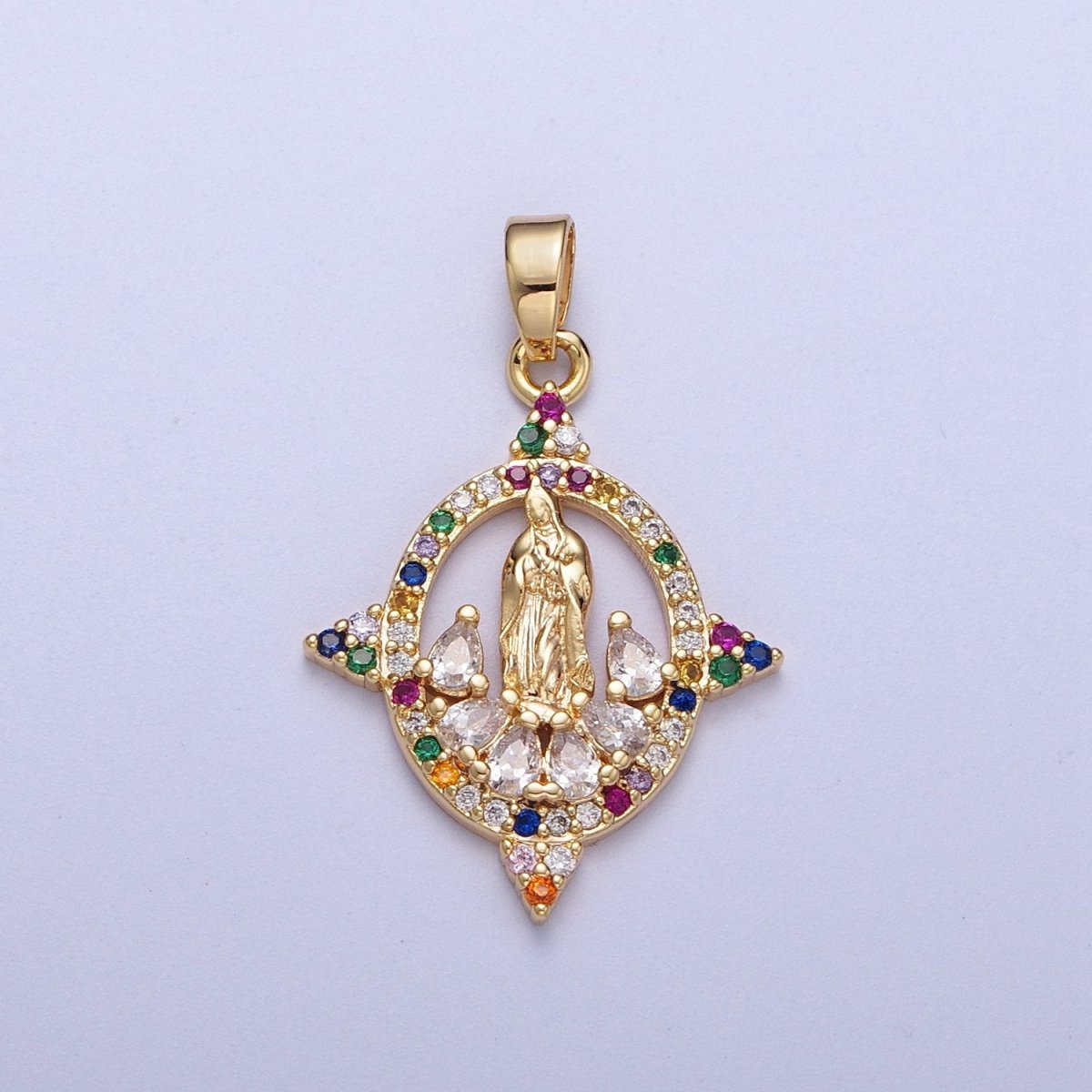 Colorful CZ Gold Four-Point Virgin Mary Oval Pendant, 24K Gold Plated Micro Paved CZ Marquise Cut Crystals Lady of Guadalupe Charm H-001 - DLUXCA