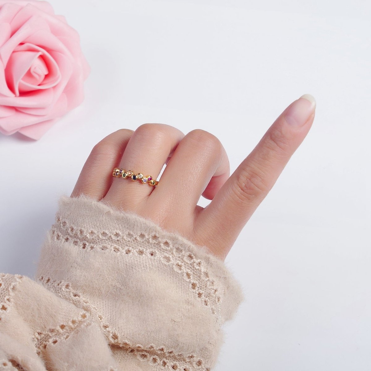 Colorful cz ring, Gold Filled stacking ring bubble ring Thin CZ gold Ring Open Adjustable Ring O-2118 - DLUXCA