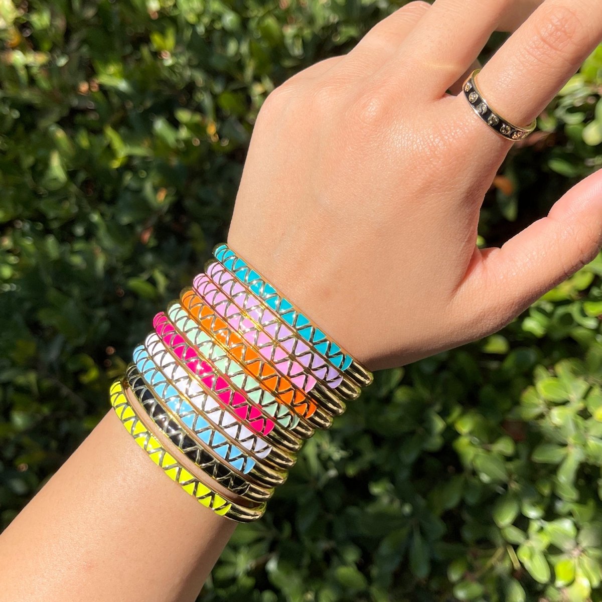 Colorful Enamel Adjustable Bangle Bracelet, 18K Gold Filled Enamel Open Bracelet, stacking bracelet | WA-046 to WA-054 Clearance Pricing - DLUXCA