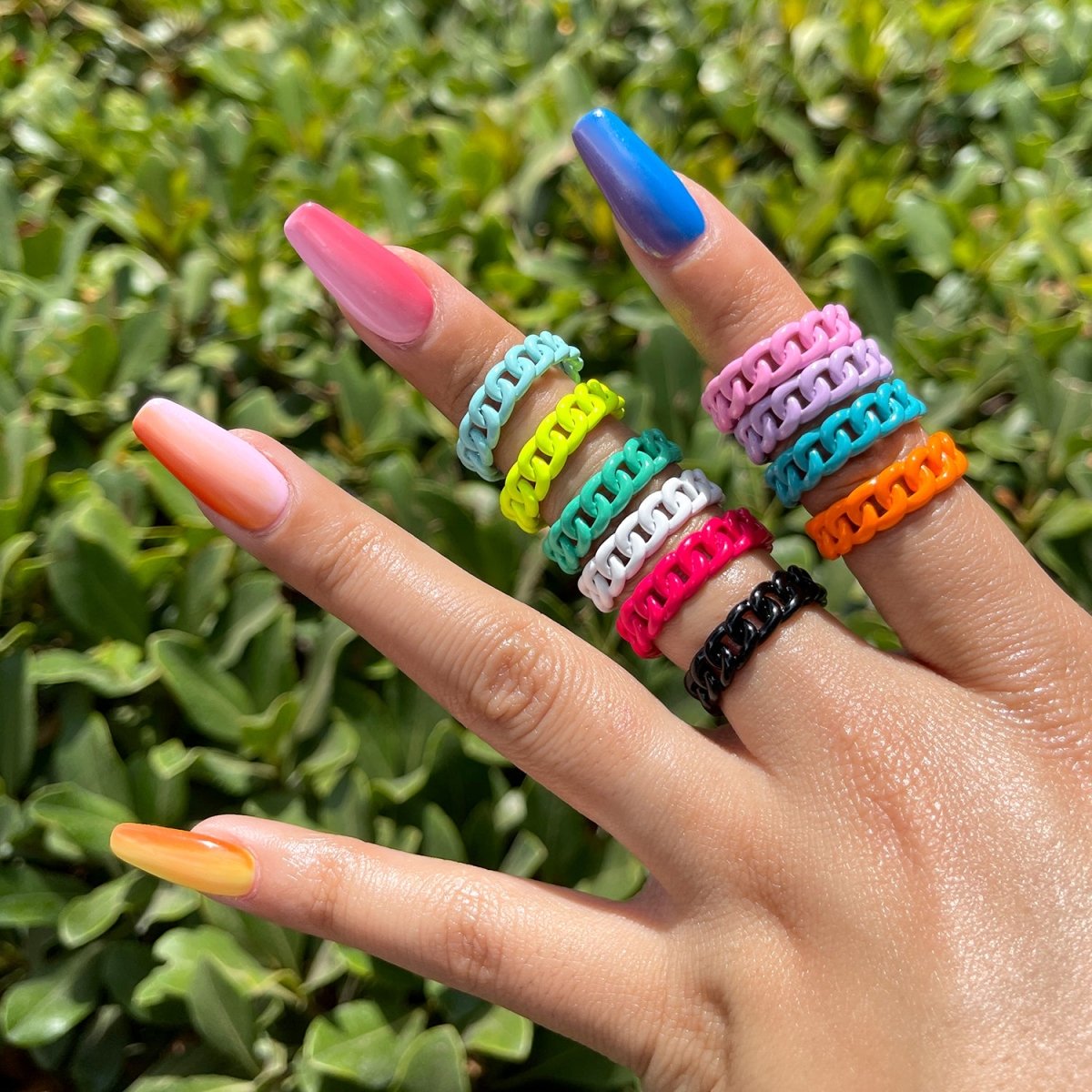 Colorful Enamel Stackable Ring, Curb Chain Ring Y2K Ring Trendy Ring Yellow Green Blue Purple Pink Teal Neon Ring Jewelry Size 7 - DLUXCA