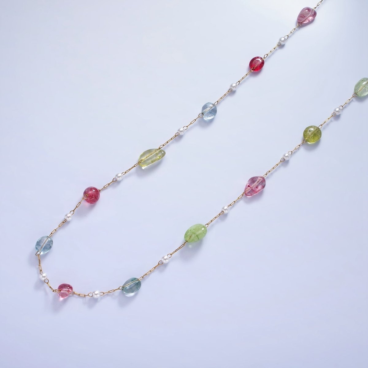 Colorful Gemstone Pearl Beaded Chain on Gold Paperclip Chain by Yard | ROLL-1505 - DLUXCA