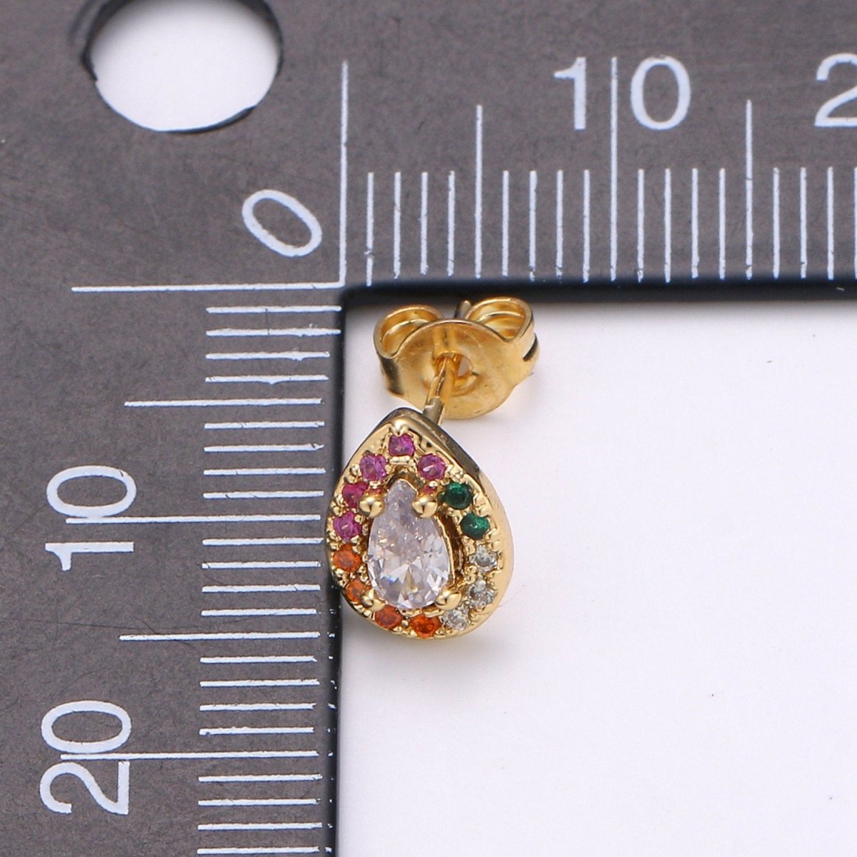 Colorful Gold Tiny Stud Earrings - Rainbow Micro Pave Studs - Dainty CZ Studs 10mm Tear Drop Crystal Small Stud Earrings Q-252 - DLUXCA