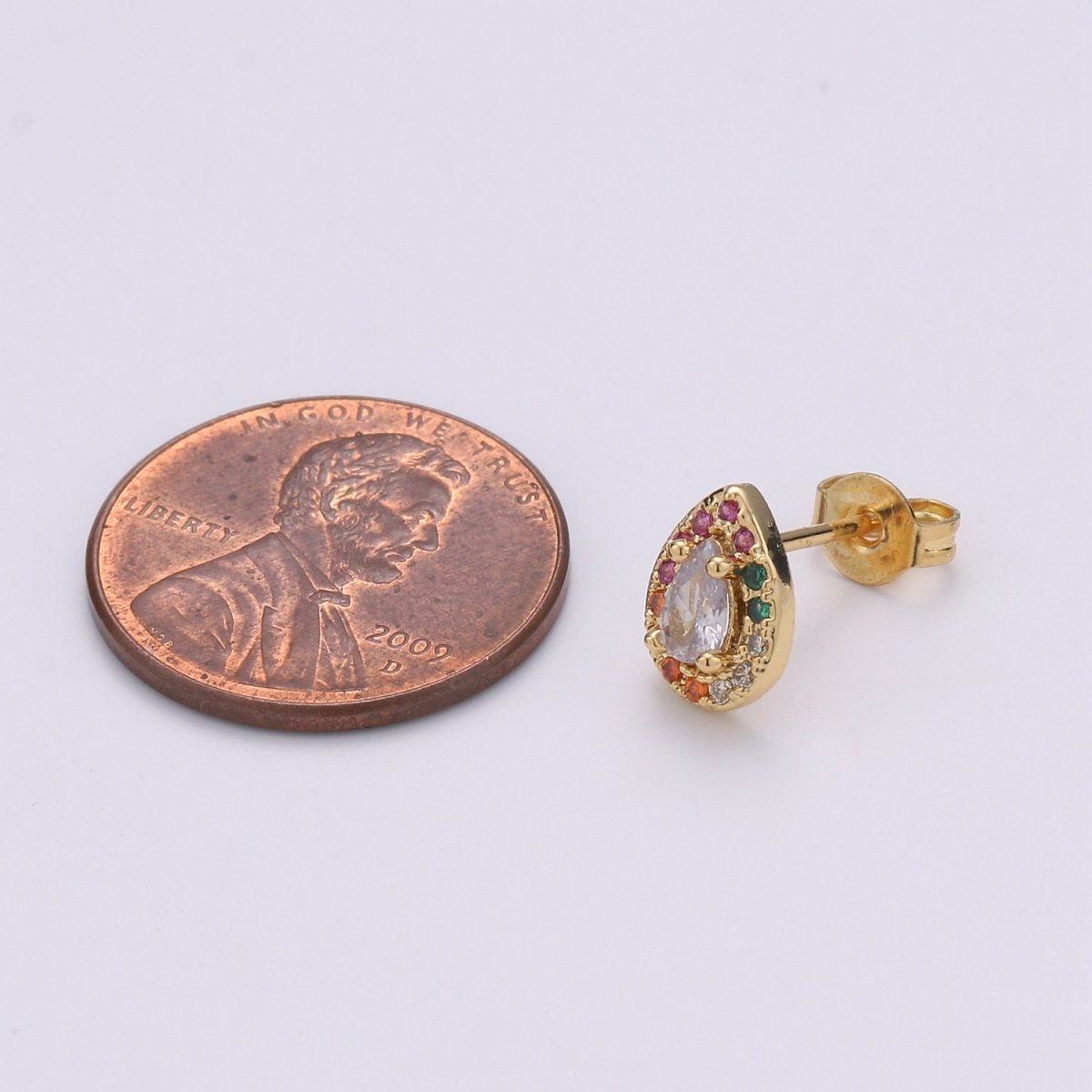 Colorful Gold Tiny Stud Earrings - Rainbow Micro Pave Studs - Dainty CZ Studs 10mm Tear Drop Crystal Small Stud Earrings Q-252 - DLUXCA