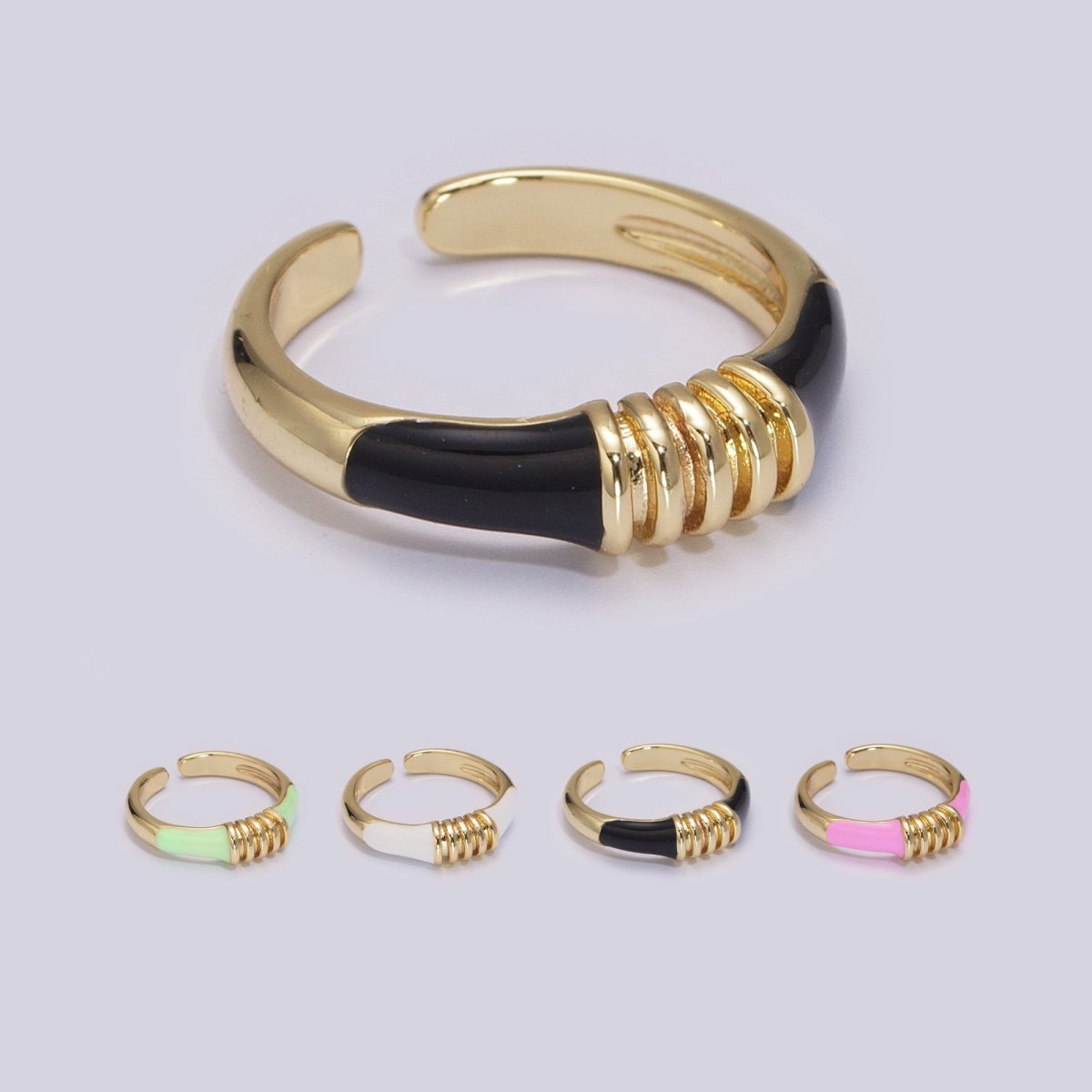 Colorful Pastel Enamel Ring • Gold Filled Multicolor Open Band • Green Pink Black White Minimalist Stackable Ring U-115~U-118 - DLUXCA