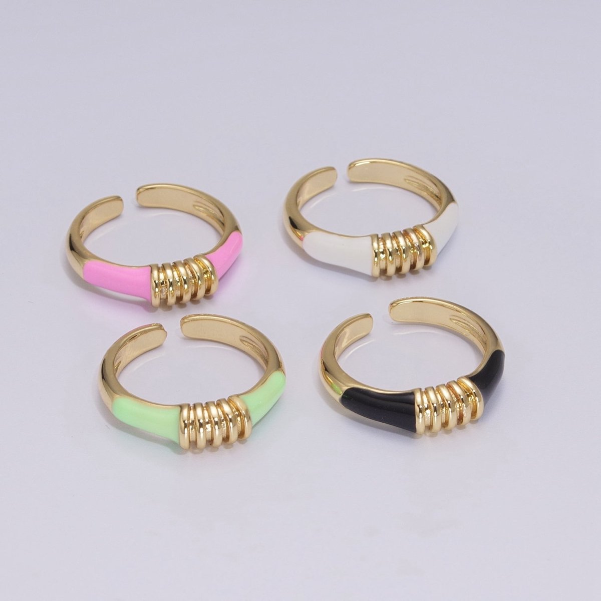 Colorful Pastel Enamel Ring • Gold Filled Multicolor Open Band • Green Pink Black White Minimalist Stackable Ring U-115~U-118 - DLUXCA
