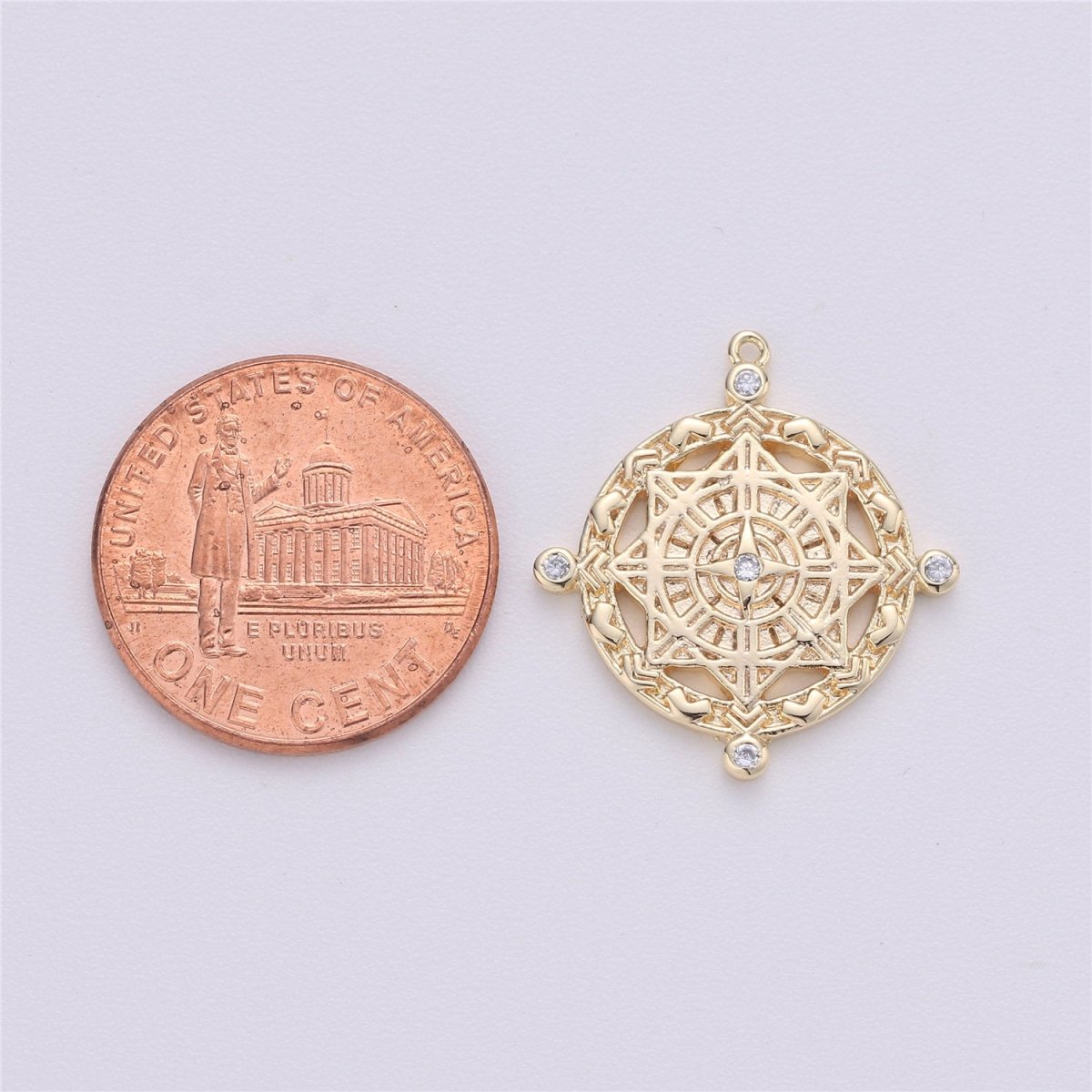 Compass Pendant, cubic zirconia stones, cz diamonds, 18K Gold Filled, medallion pendant for Necklace Jewelry MakingC-477 - DLUXCA