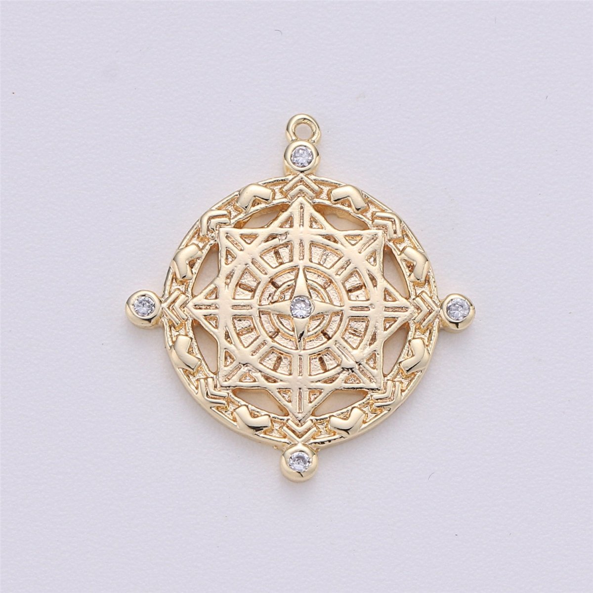 Compass Pendant, cubic zirconia stones, cz diamonds, 18K Gold Filled, medallion pendant for Necklace Jewelry MakingC-477 - DLUXCA