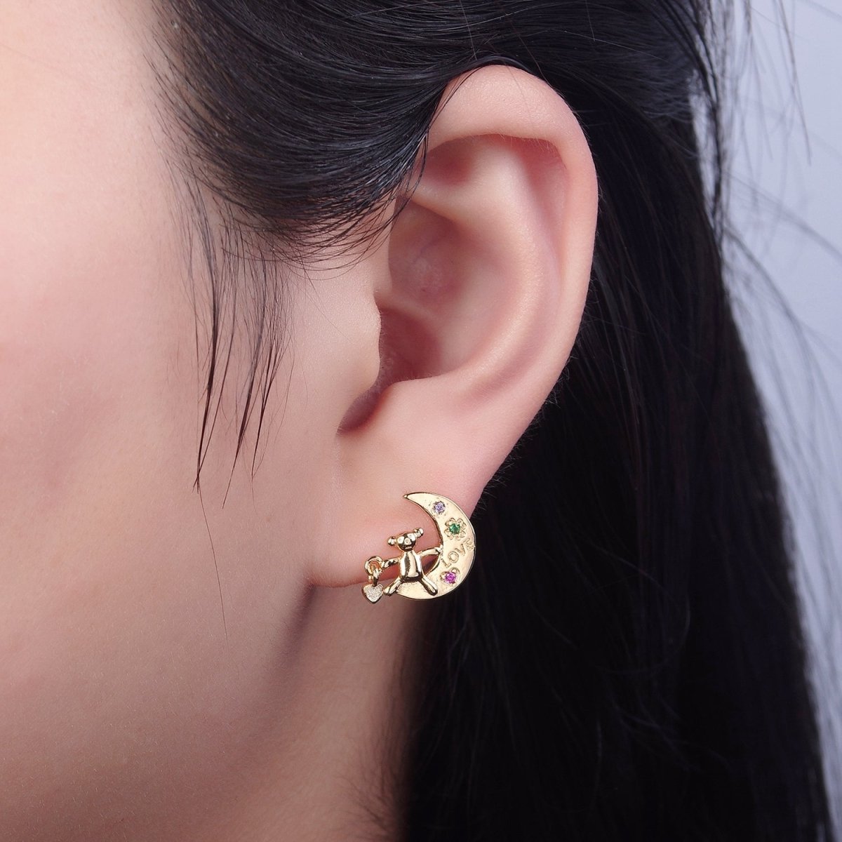 Crescent Moon and Teddy Bear Stud Earring CZ Moon Earring Gold Stud V-122 - DLUXCA