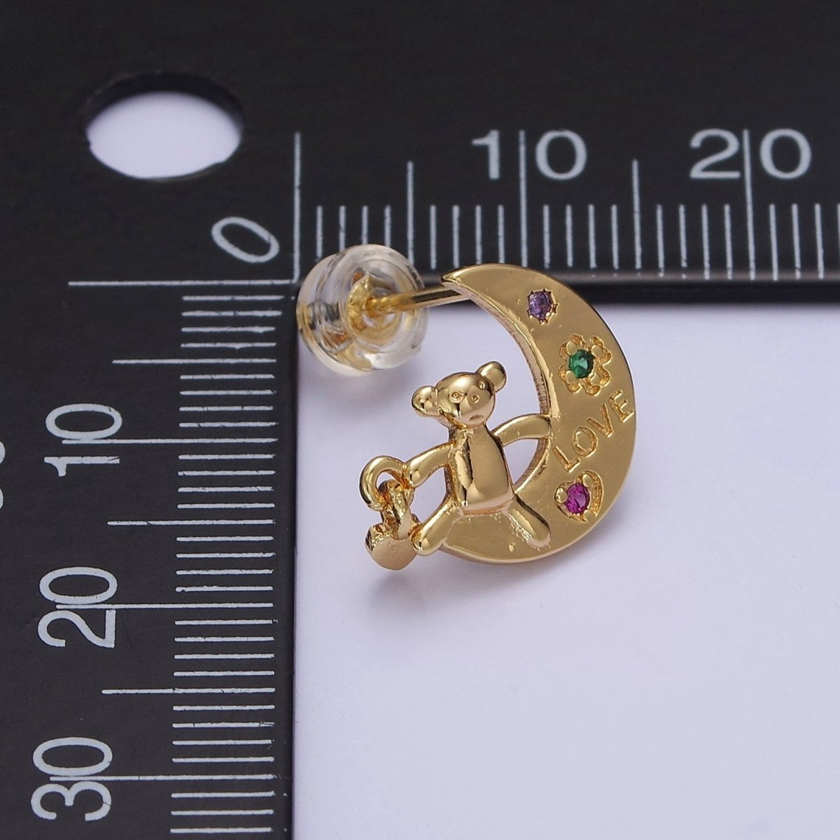 Crescent Moon and Teddy Bear Stud Earring CZ Moon Earring Gold Stud V-122 - DLUXCA