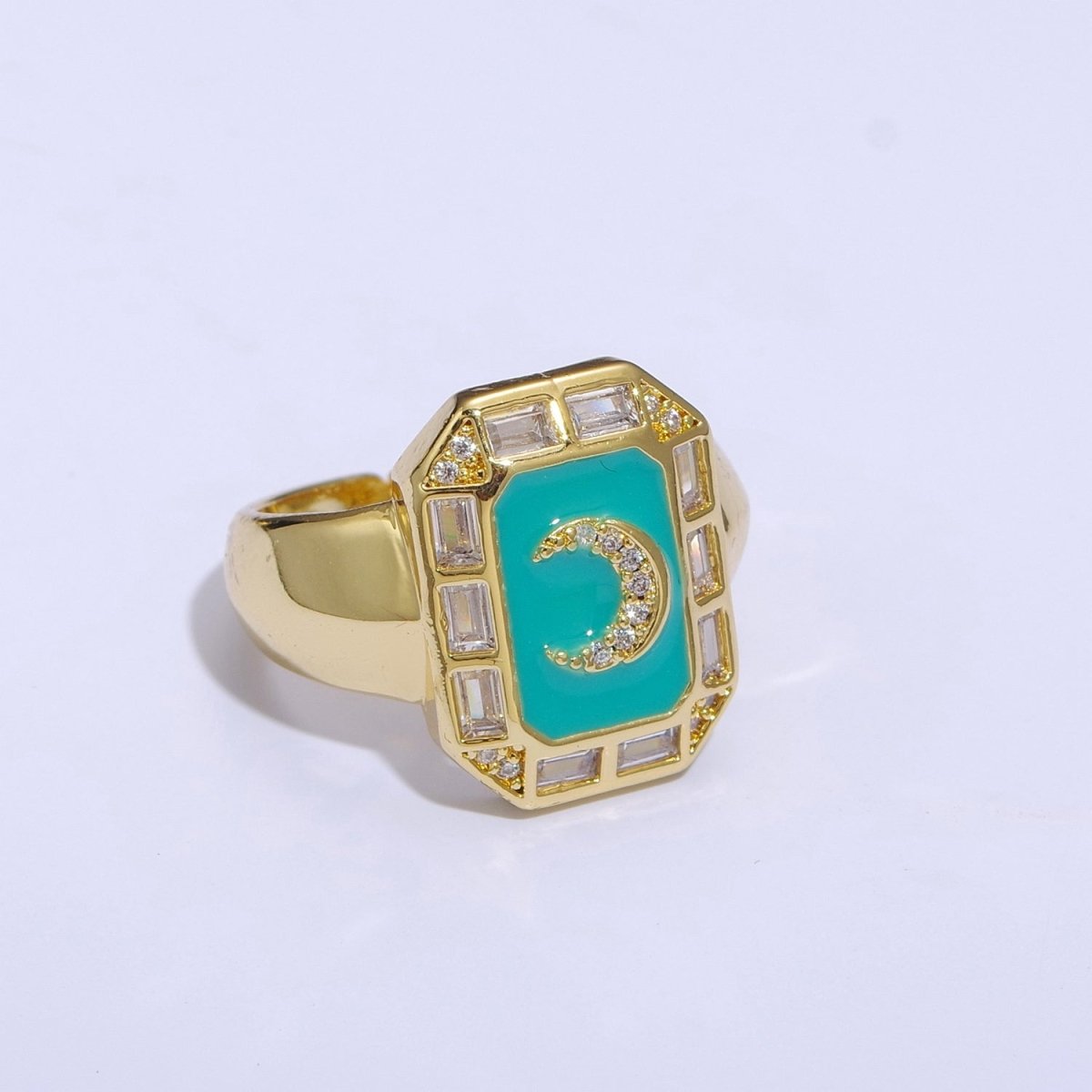Crescent Moon Spinel Signet Ring Gold Chunky Ring Celestial Enamel Colorful Cz Jewelry U-001~U-005 - DLUXCA