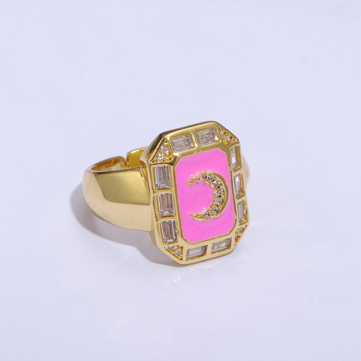 Crescent Moon Spinel Signet Ring Gold Chunky Ring Celestial Enamel Colorful Cz Jewelry U-001~U-005 - DLUXCA