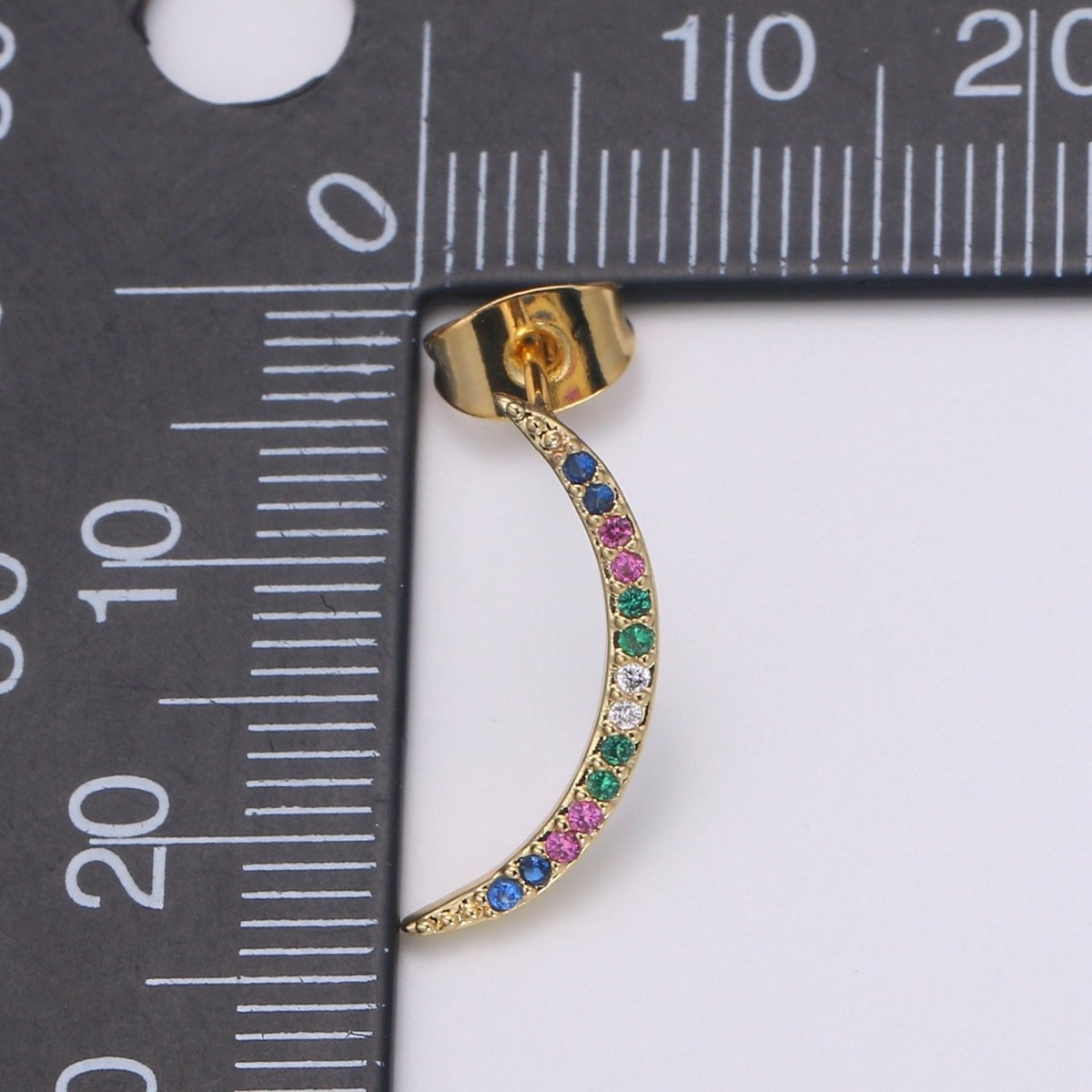 Cresent Moon Design 24K Gold Multi Color Pave Cz Stud Earring, Simplicity Metro Design Earring, Q-539 - DLUXCA