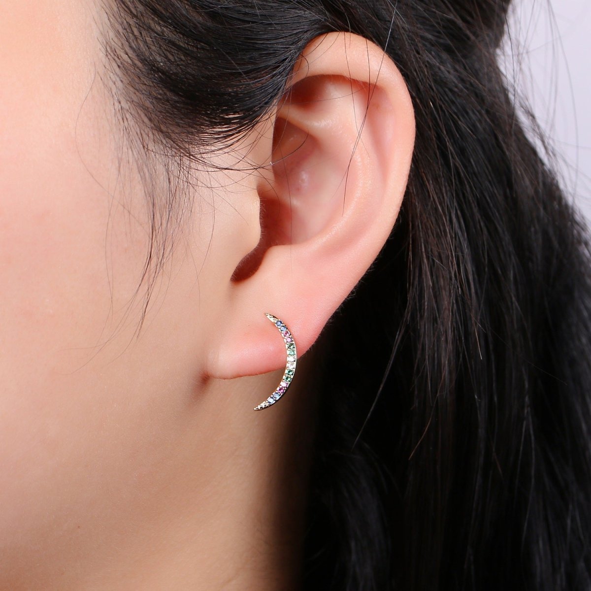 Cresent Moon Design 24K Gold Multi Color Pave Cz Stud Earring, Simplicity Metro Design Earring, Q-539 - DLUXCA