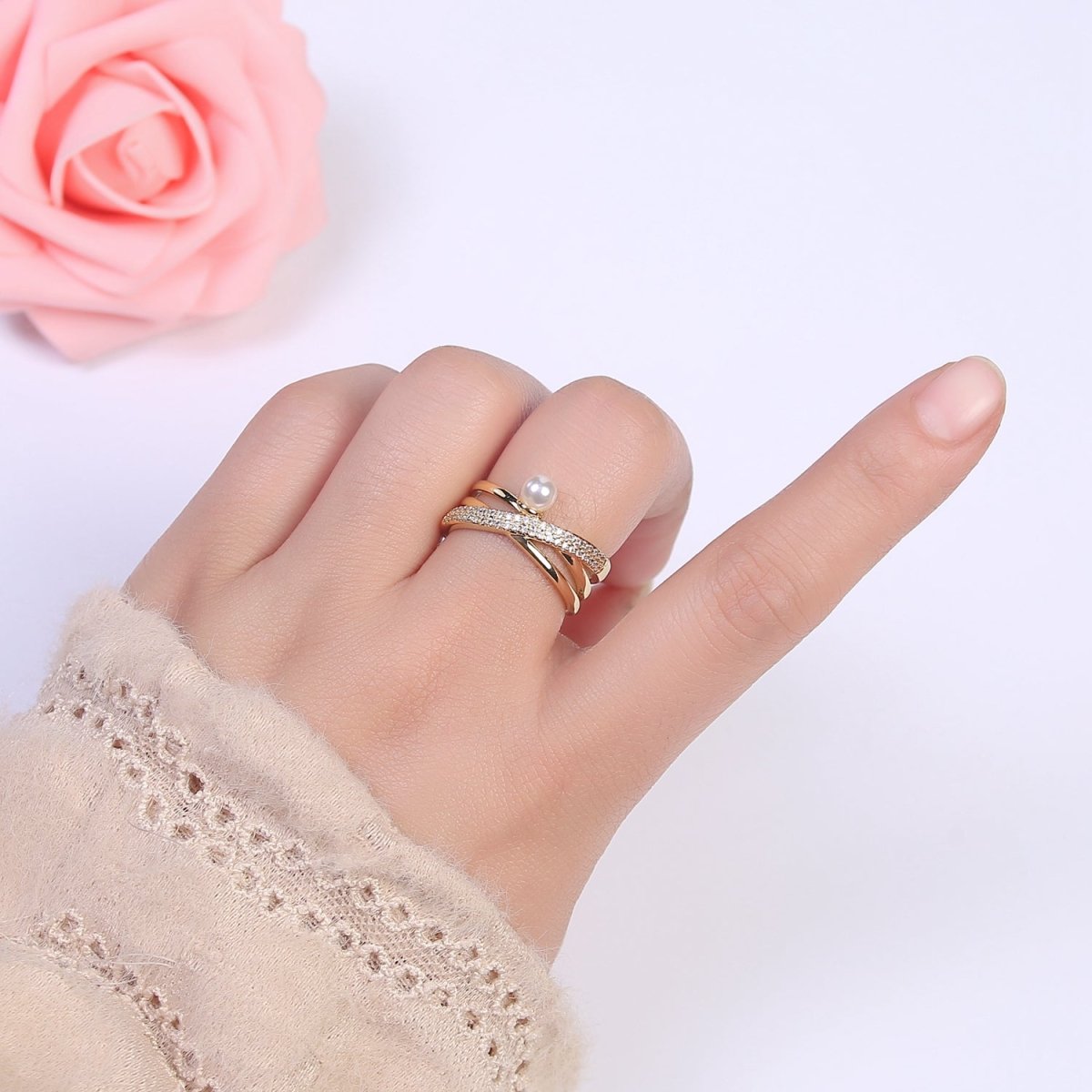 Criss Cross Ring - Double Band Ring - Gold Ring women - 14K Gold Fill Cubic Zirconia Cross Ring U-521 ~ U-524 - DLUXCA