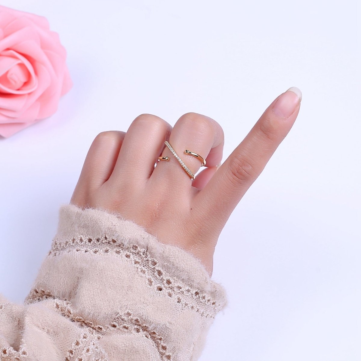 Criss Cross Ring - Double Band Ring - Gold Ring women Adjustable CZ Ring S-467 ~ S-470 - DLUXCA