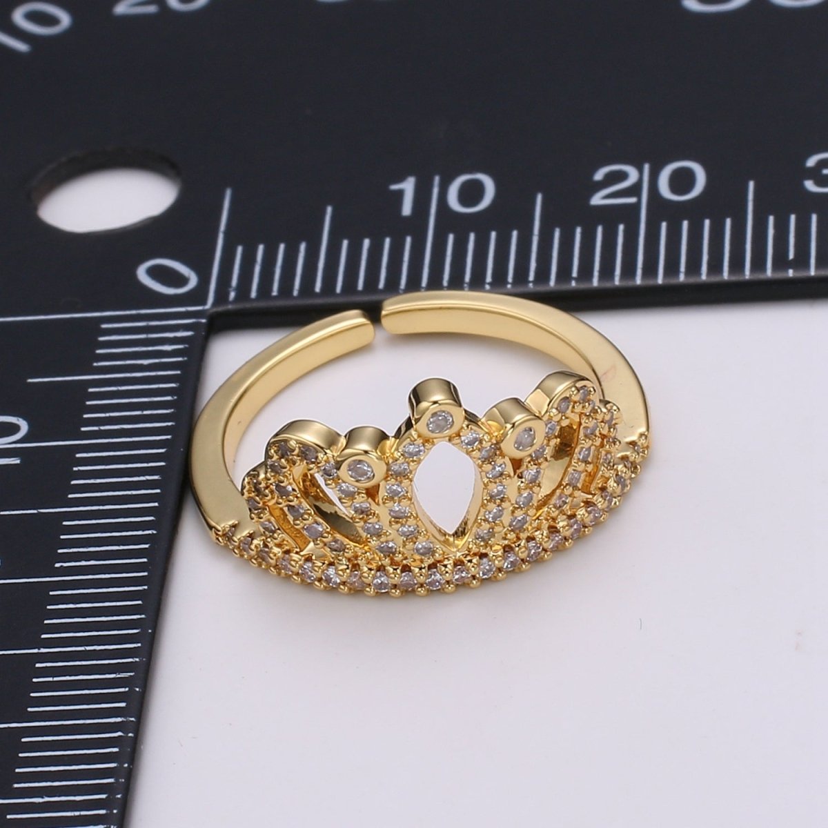 Crown Cubic Mini Pendant, Queen Cubic Pave 24K Gold Plated Charm Ring, Solitaire CZ Pendant Double Ring, Dainty ring Charm, R-440 - DLUXCA