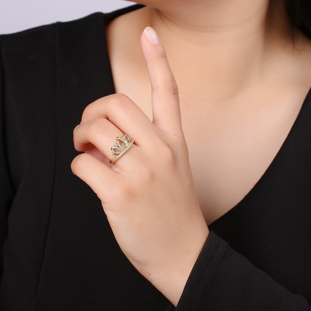 Crown Cubic Mini Pendant, Queen Cubic Pave 24K Gold Plated Charm Ring, Solitaire CZ Pendant Double Ring, Dainty ring Charm, R-440 - DLUXCA