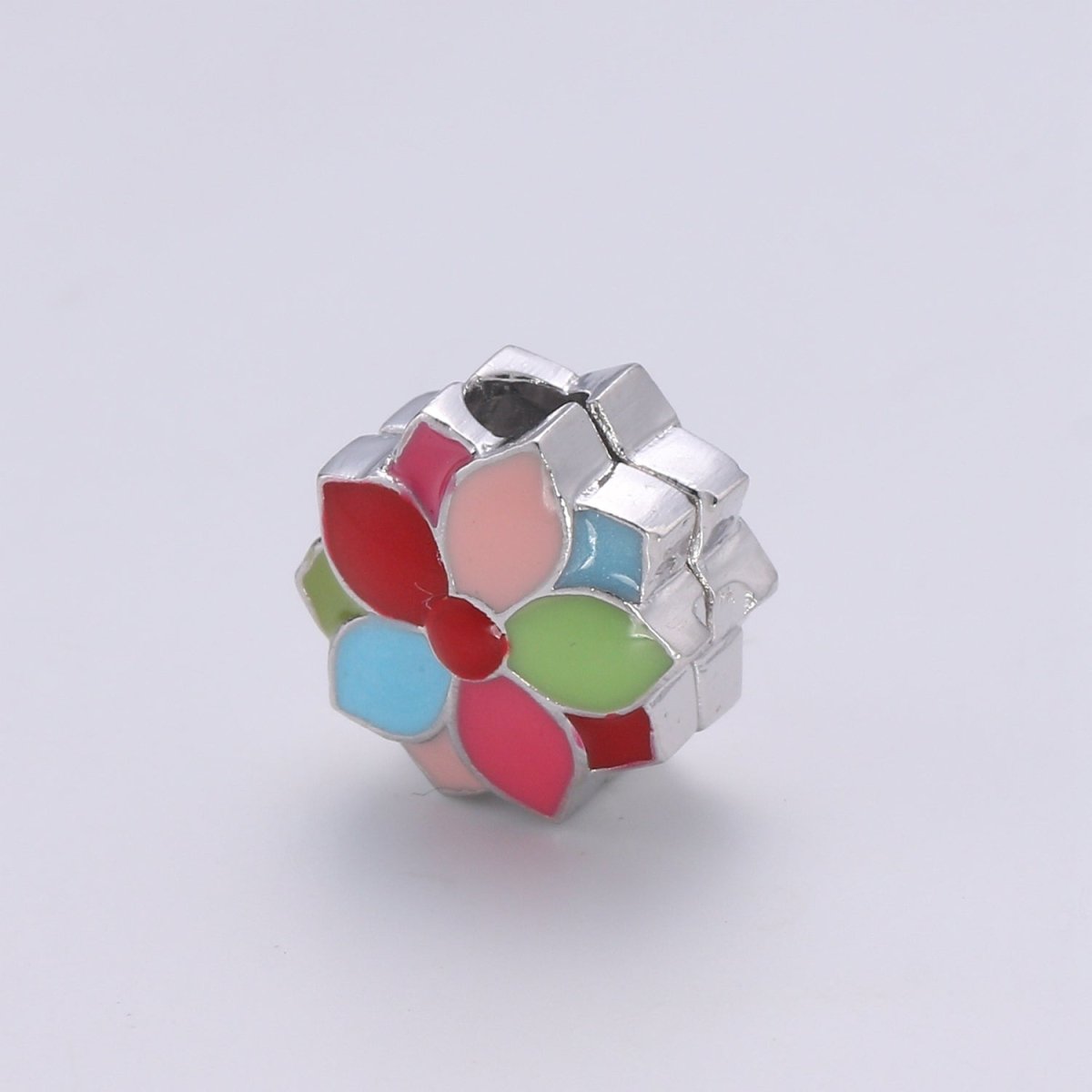 Crystal and Colorful Flower on Gold Filled Round Beads CZ Silver Floral Nature Jewelry Making Beads B361 - DLUXCA