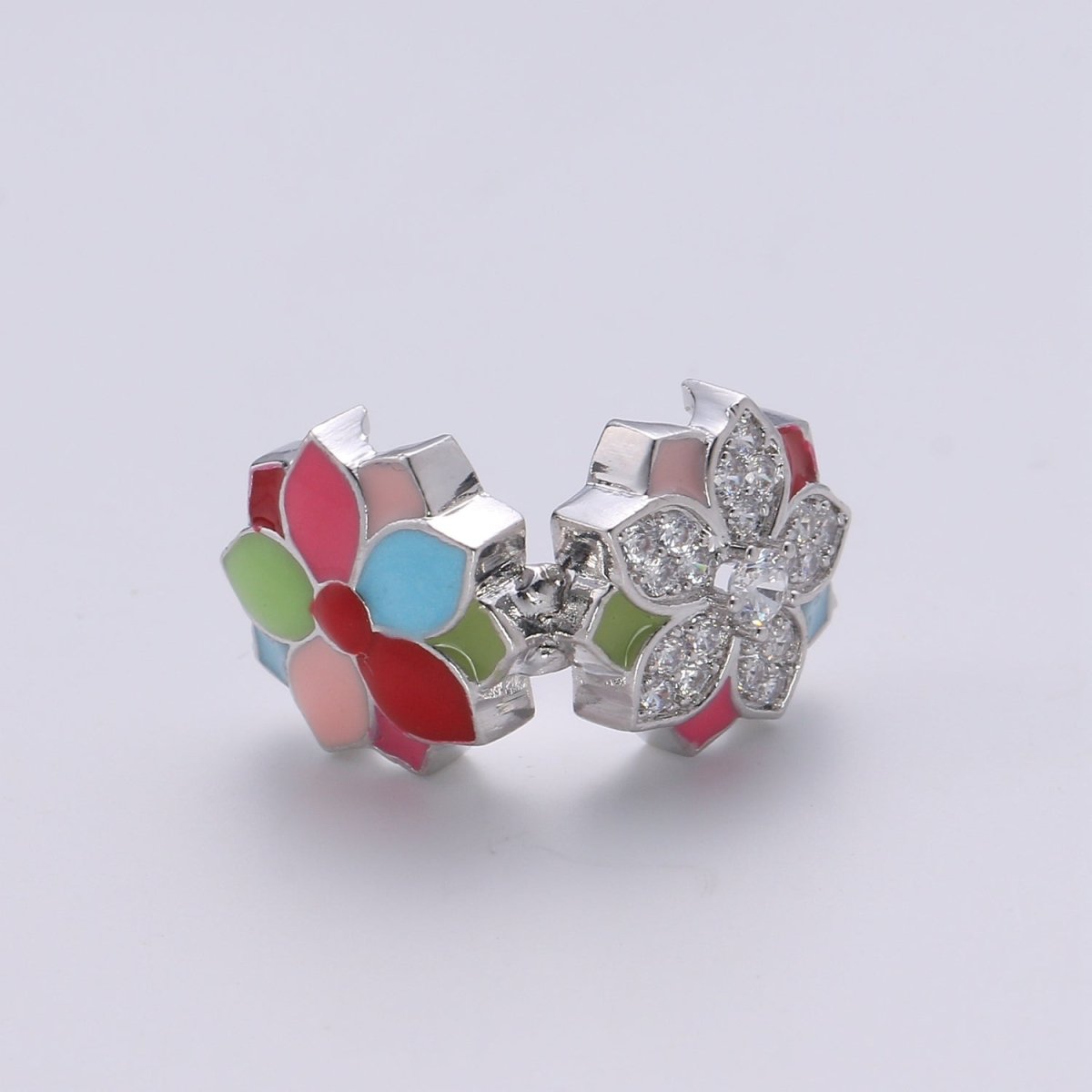 Crystal and Colorful Flower on Gold Filled Round Beads CZ Silver Floral Nature Jewelry Making Beads B361 - DLUXCA