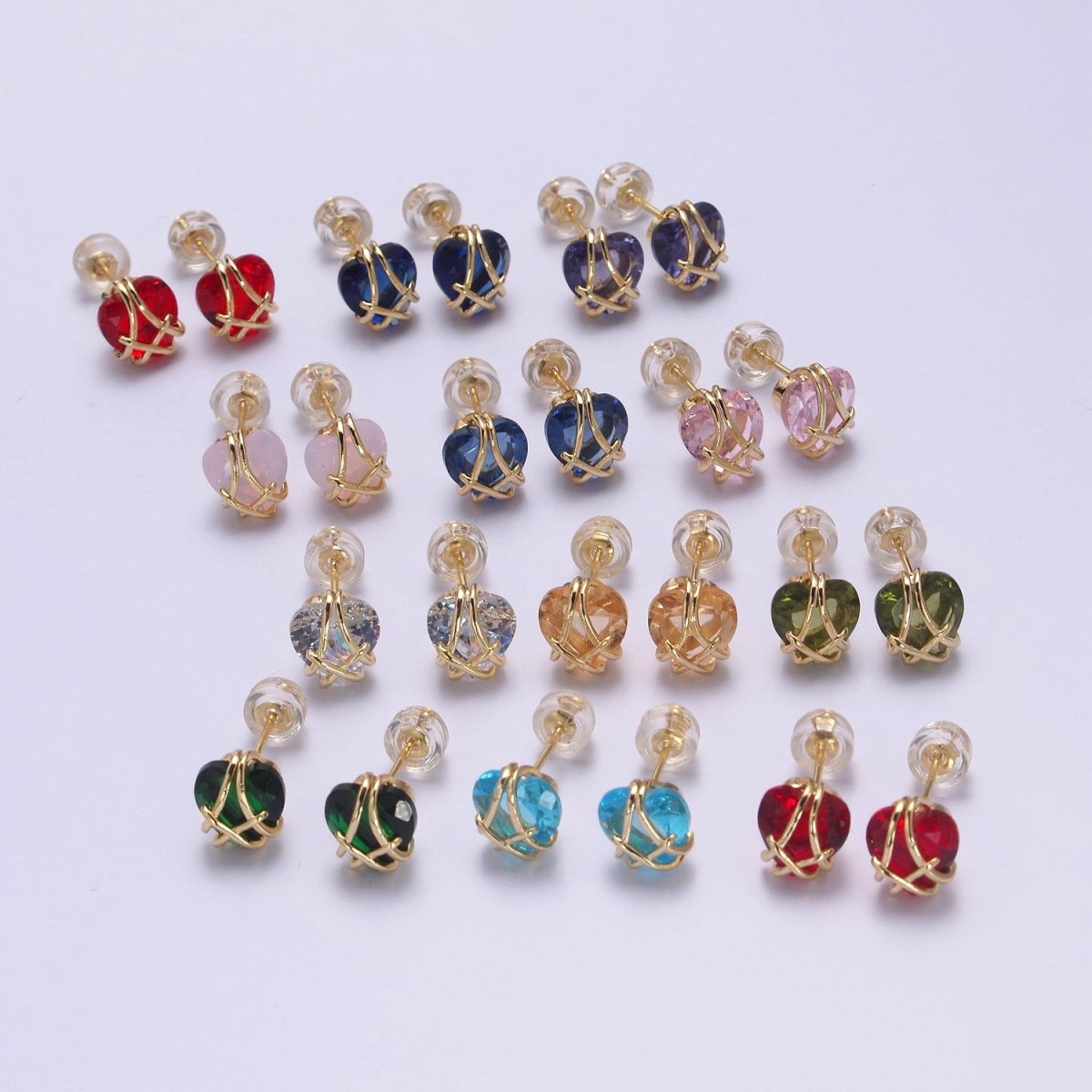 Crystal Heart Cubic Zirconia Wire Wrap Dainty Valentine Stud Earrings | T-320 ~ T-331 - DLUXCA