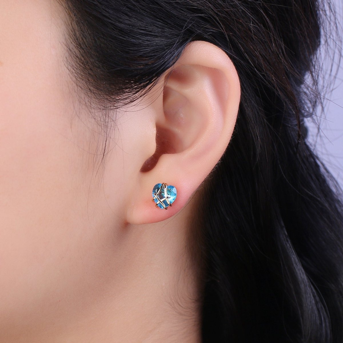 Crystal Heart Cubic Zirconia Wire Wrap Dainty Valentine Stud Earrings | T-320 ~ T-331 - DLUXCA