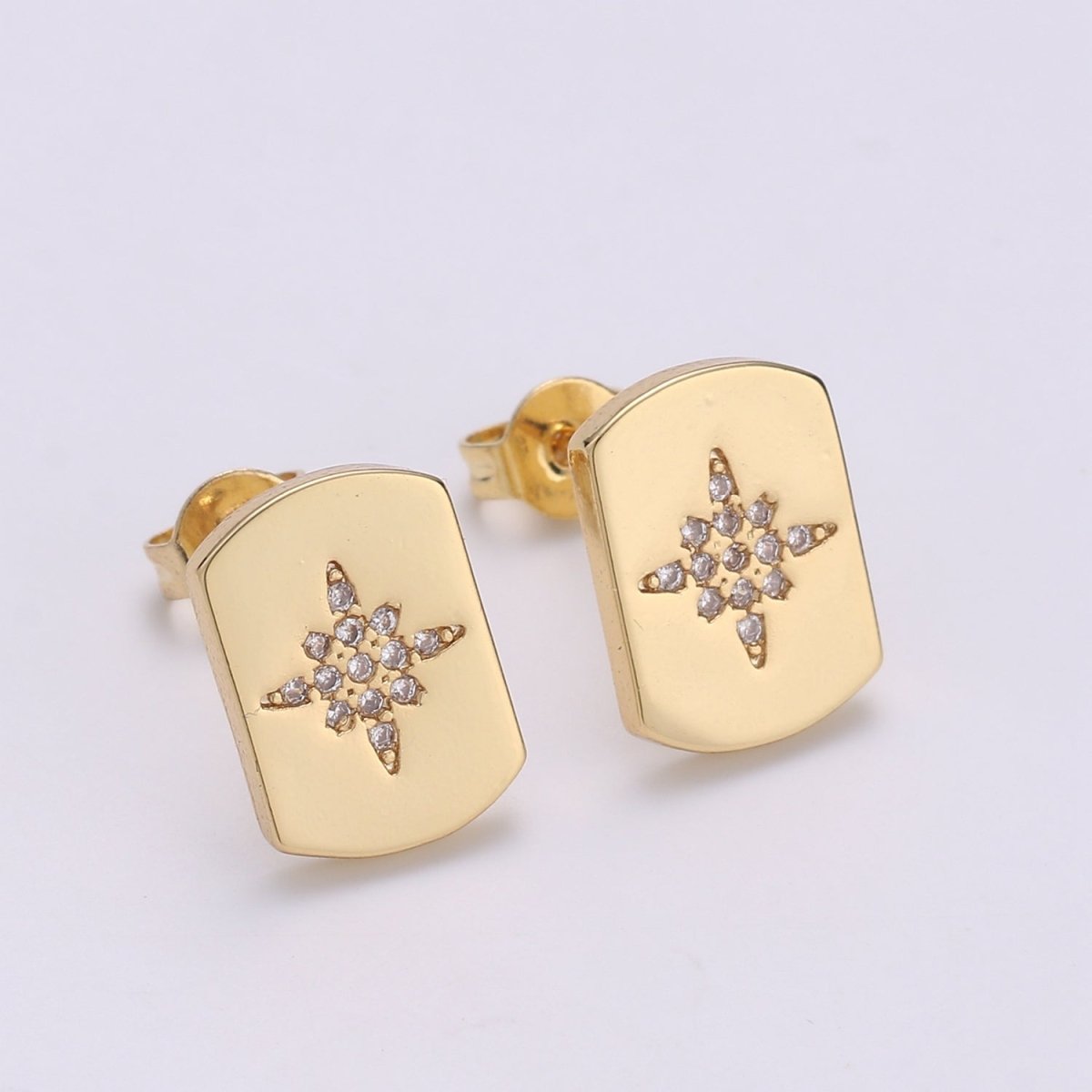 Crystal Star Flower Ornament on Golden Square Studs Earrings CZ Geometric Square Rectangle Shape Casual/Formal Daily Wear Earring Jewelry Q-256 - DLUXCA