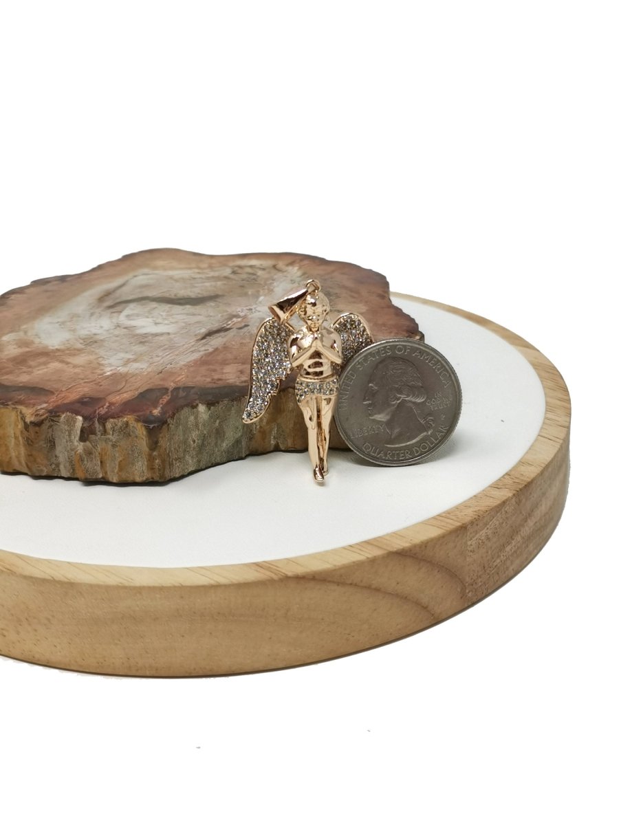 Cubic Angel Charm - 18k gold Filled Cherubic Angel Pendant, Micro Pave Angel Wings, Cupid Charm for Necklace Supply - DLUXCA