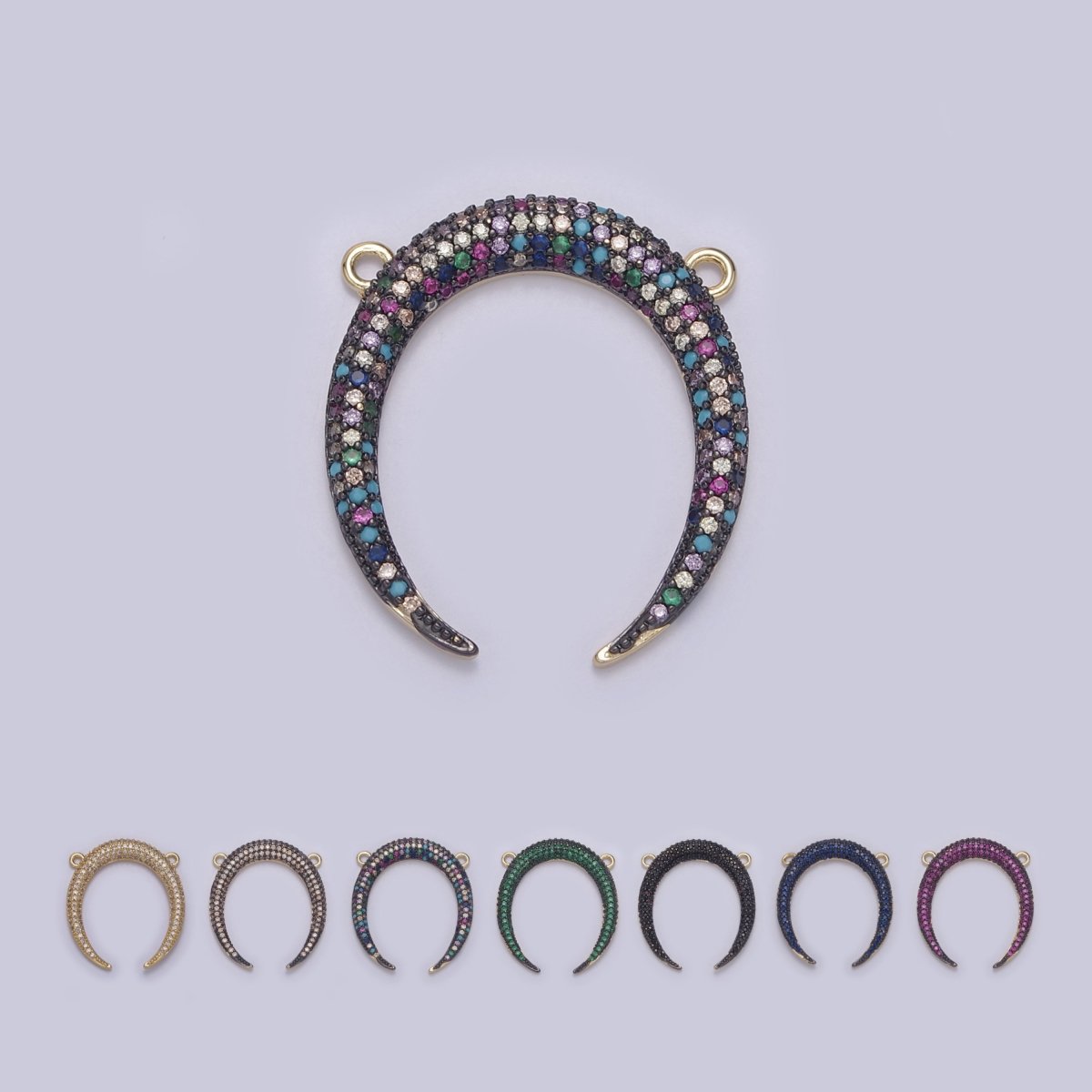 Cubic Crescent Moon Charm, Half Moon Pendant Gold Filled CZ Tusk Charm Connector Black Green Blue Moon Link Connector For Necklace F-721~F-727 - DLUXCA