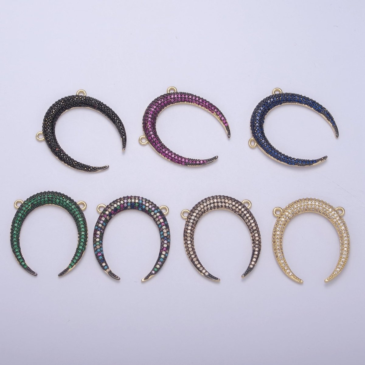 Cubic Crescent Moon Charm, Half Moon Pendant Gold Filled CZ Tusk Charm Connector Black Green Blue Moon Link Connector For Necklace F-721~F-727 - DLUXCA