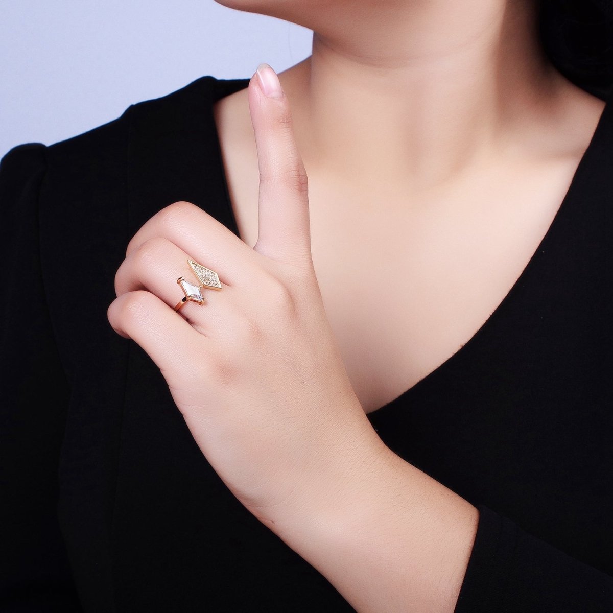 Cubic Open Marquise Stacking Ring Gold Marquise Cuff Ring Silver Adjustable Ring Micro Pave Stone Geometric Ring Y-611 Y-612 - DLUXCA