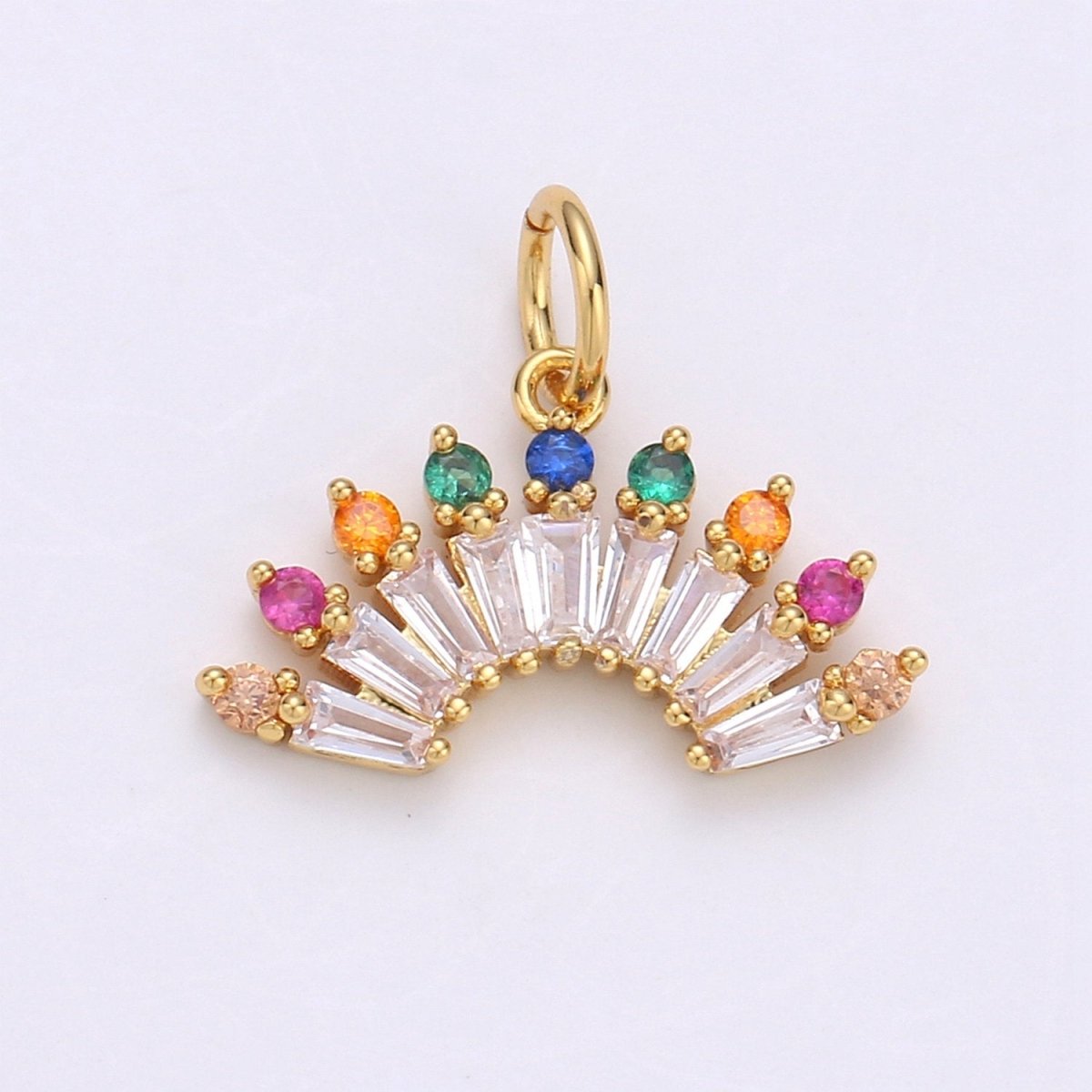 Cubic Rainbow Color CZ Fan Shaped Pendant, Micro Pave Colorful Cubic Zirconia Baguette Charm Pendant for Necklace earring Bracelet E-557 - DLUXCA