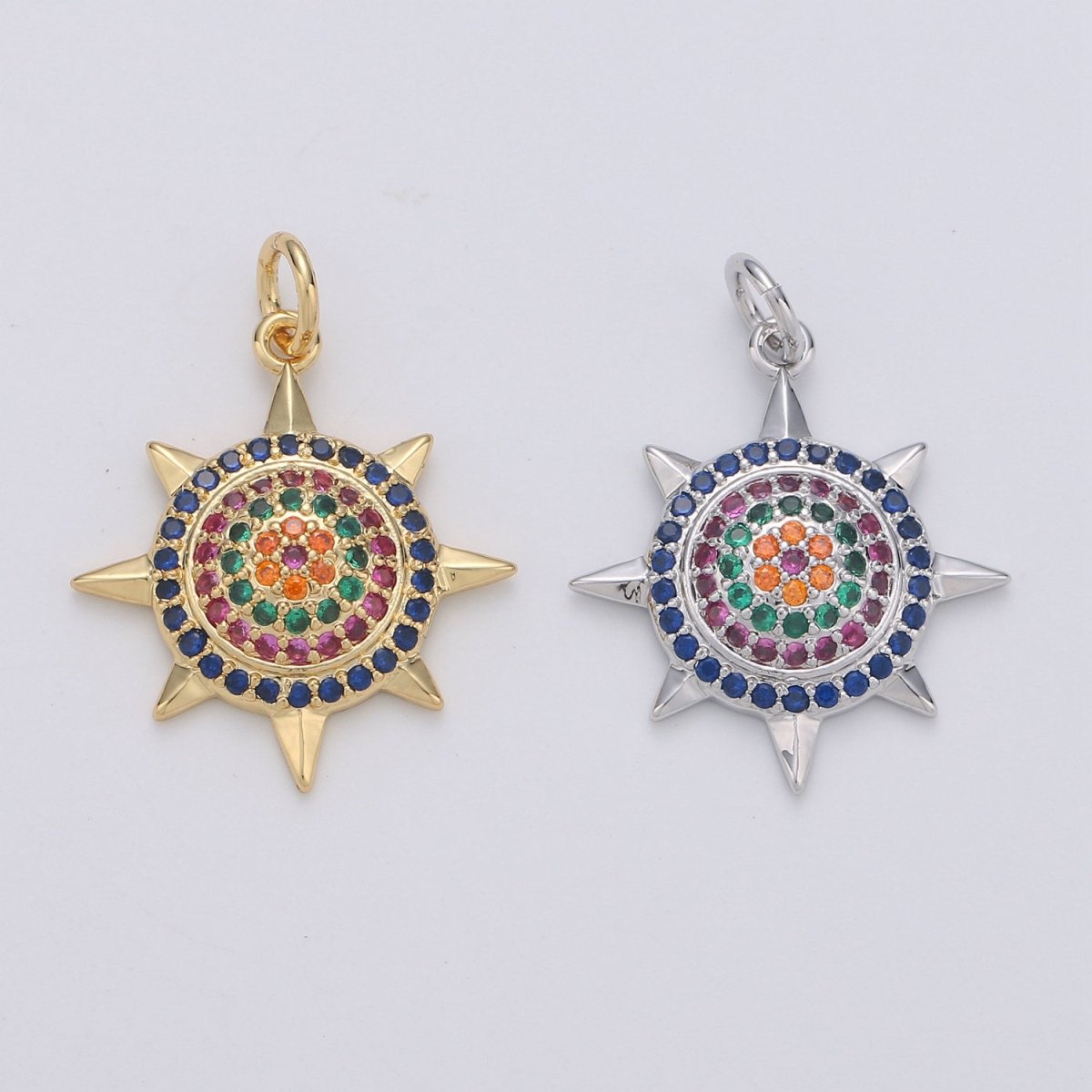 Cubic Sun charm, CZ Micro Pave Charm Nickel free, Necklace Component DIY Jewelry supplies, Silver, Gold Celestial pendant, D-186 D-187 - DLUXCA