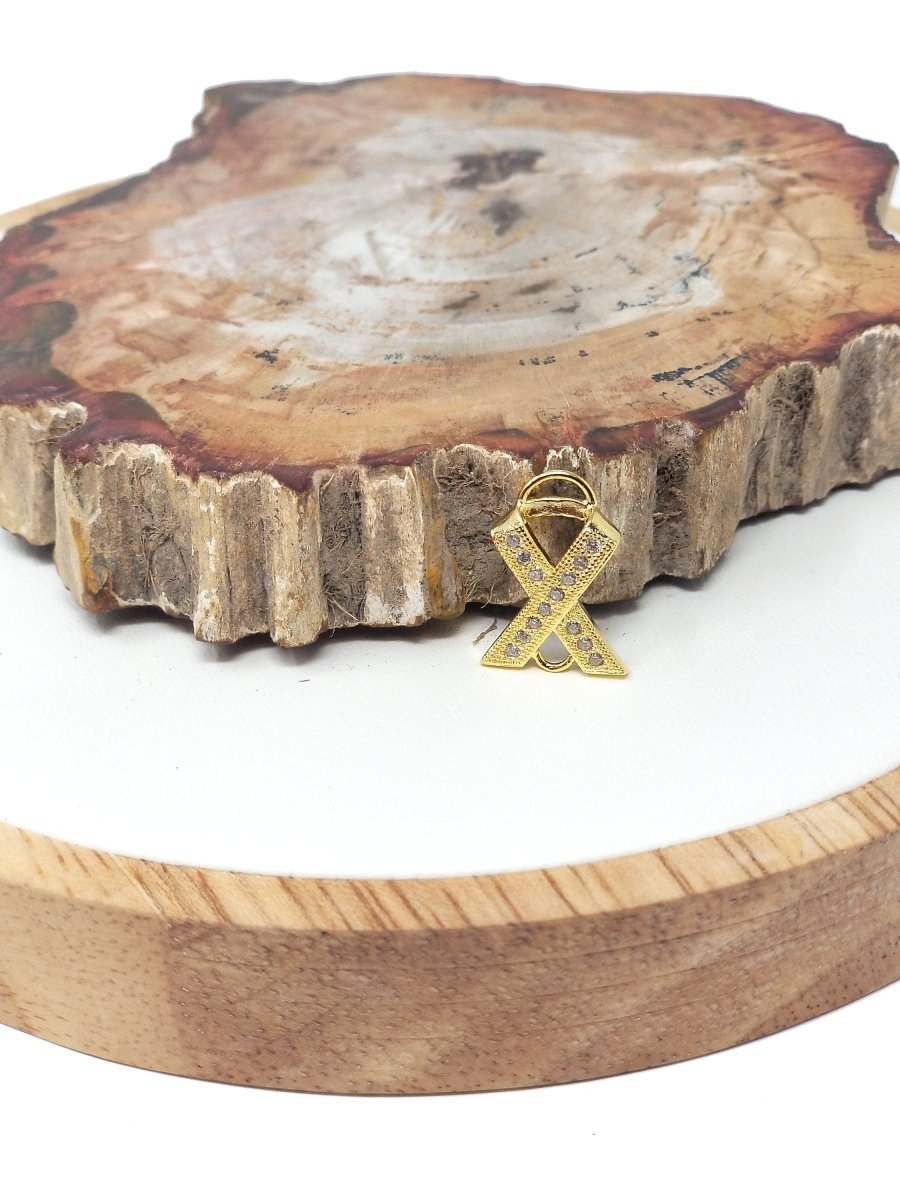 Cubic Zirconia Cancer Ribbon Hope Cooper Charm Connector, Crystal Rhinestone CZ Pave Czech Bracelet Design Gold Plated Material F-154 - DLUXCA
