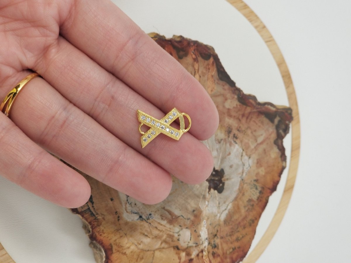 Cubic Zirconia Cancer Ribbon Hope Cooper Charm Connector, Crystal Rhinestone CZ Pave Czech Bracelet Design Gold Plated Material F-154 - DLUXCA