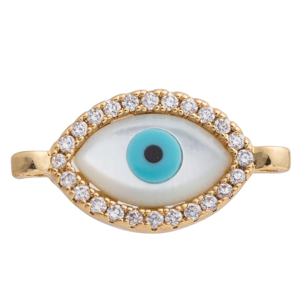 Cubic Zirconia Elongated Evil Eye Protection Cooper Charm Connector, Crystal CZ Pave Czech Bracelet Design Plated Material F-258 - DLUXCA