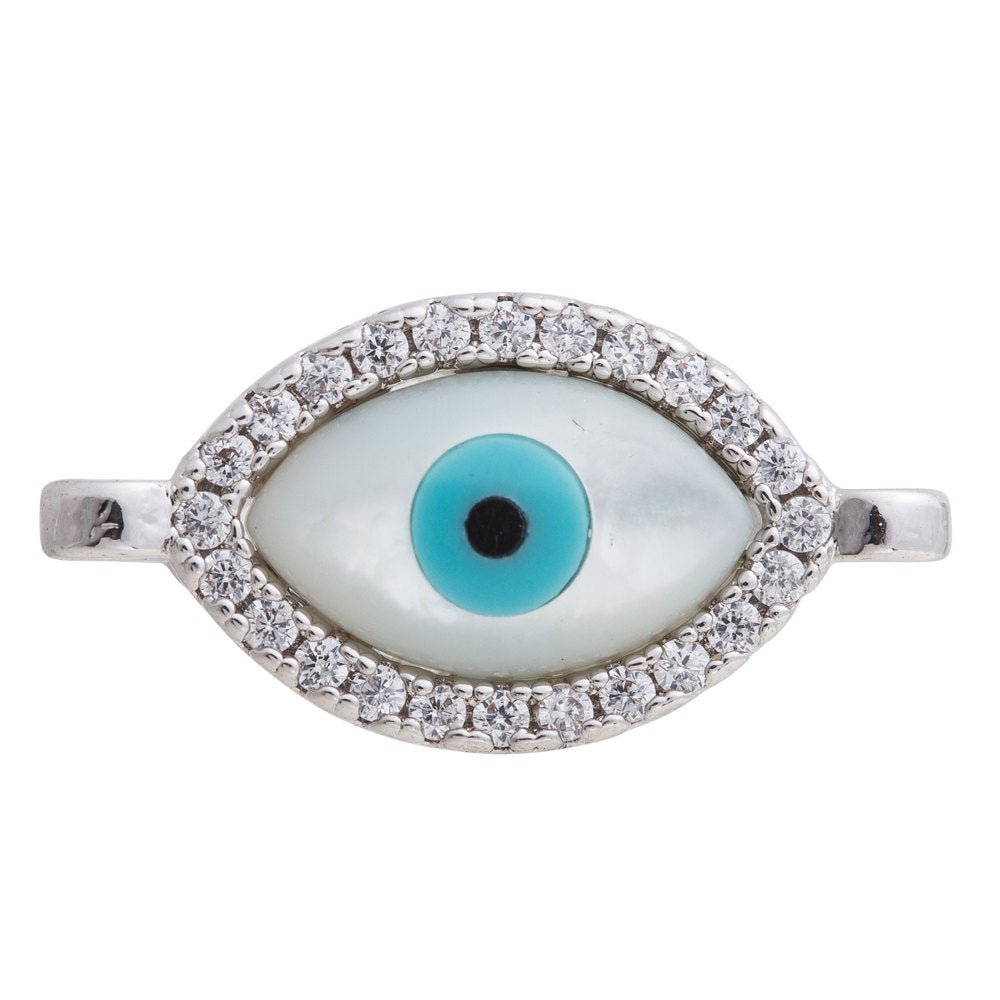 Cubic Zirconia Elongated Evil Eye Protection Cooper Charm Connector, Crystal CZ Pave Czech Bracelet Design Plated Material F-258 - DLUXCA