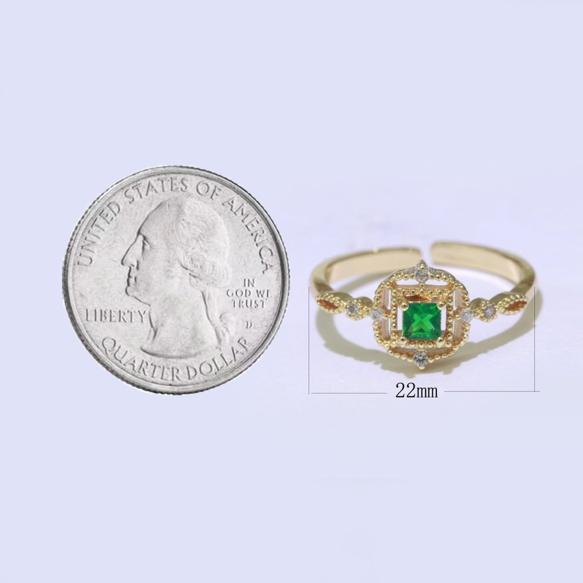 Cubic Zirconia Green Ring, Vintage Style Micro Pave CZ Open Adjustable Ring Gold Filled O-449 - DLUXCA