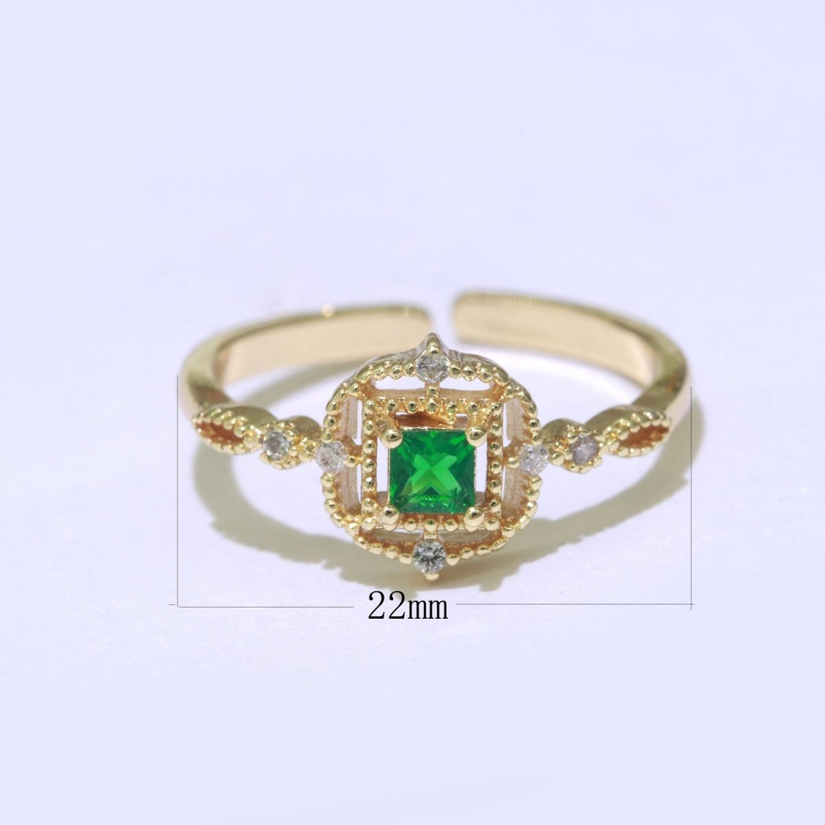 Cubic Zirconia Green Ring, Vintage Style Micro Pave CZ Open Adjustable Ring Gold Filled O-449 - DLUXCA