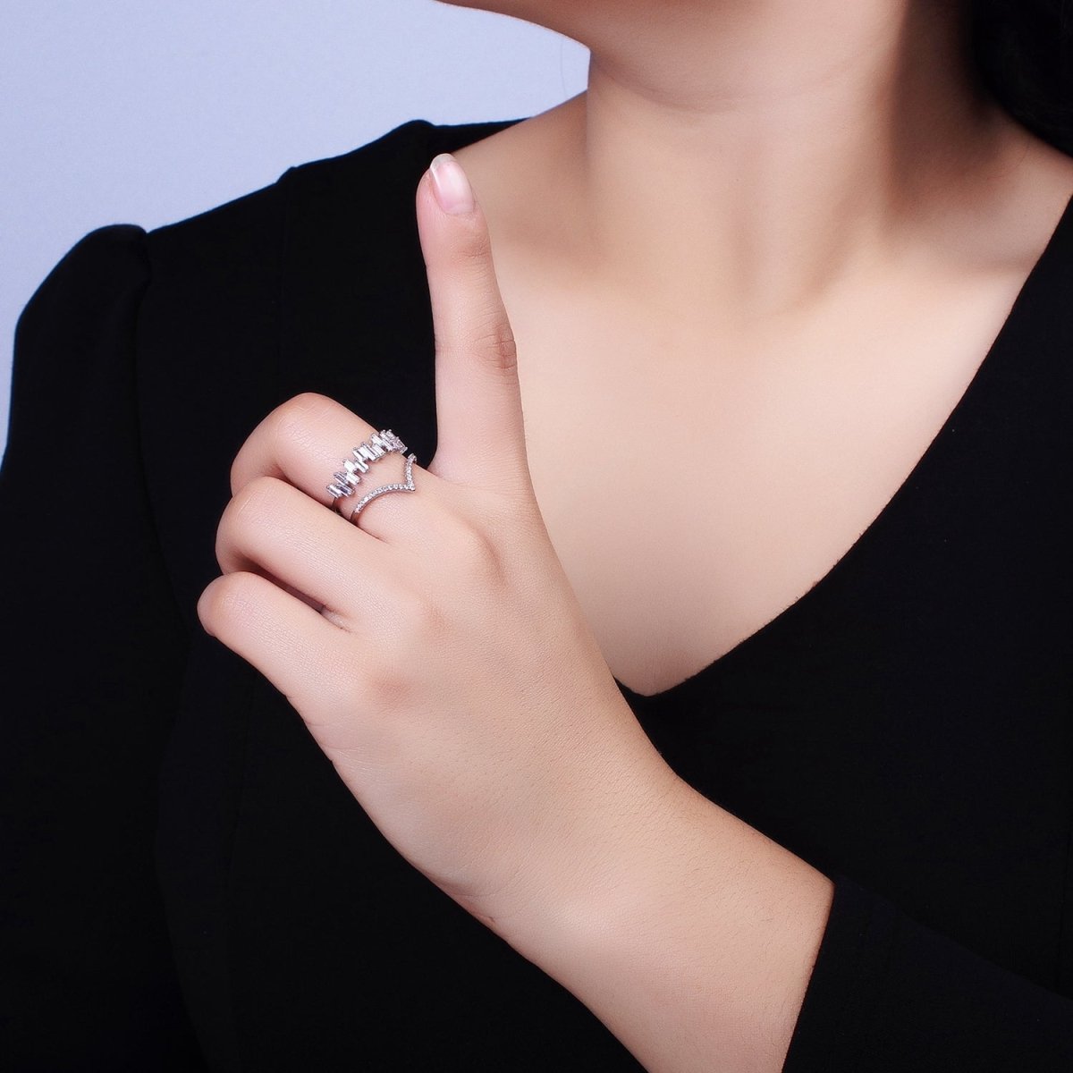 Curve Ring Baguette CZ Diamond Chevron Ring, Thin Gold Minimalist Ring | O1815 O1816 - DLUXCA