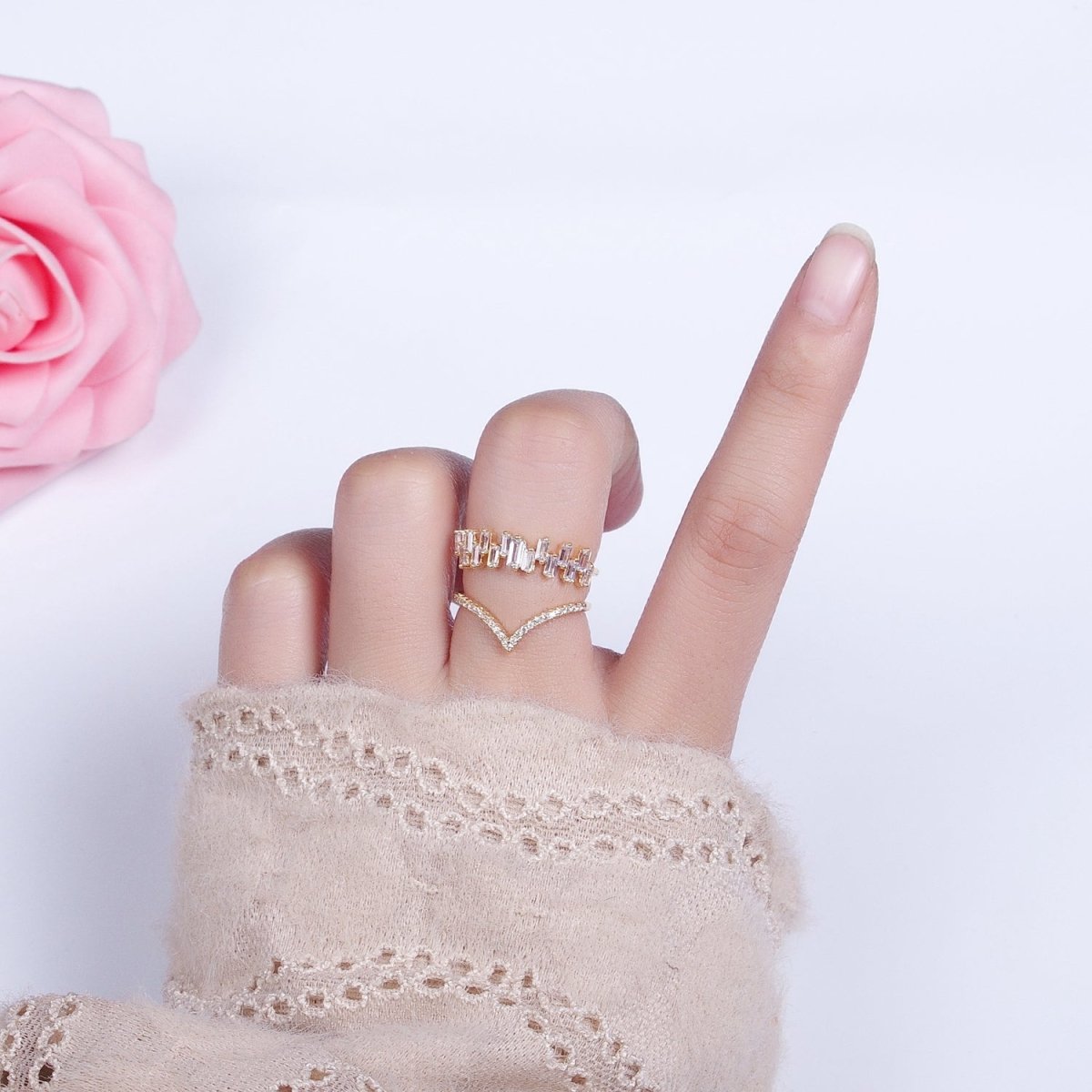 Curve Ring Baguette CZ Diamond Chevron Ring, Thin Gold Minimalist Ring | O1815 O1816 - DLUXCA