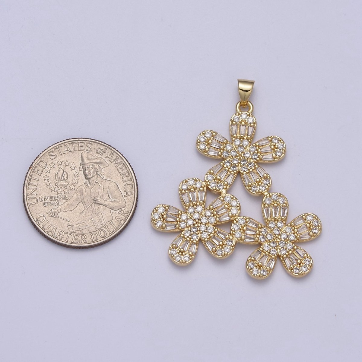 Cute Triple Floral Pendant Cubic Zirconia Flower Charm H-324 - DLUXCA