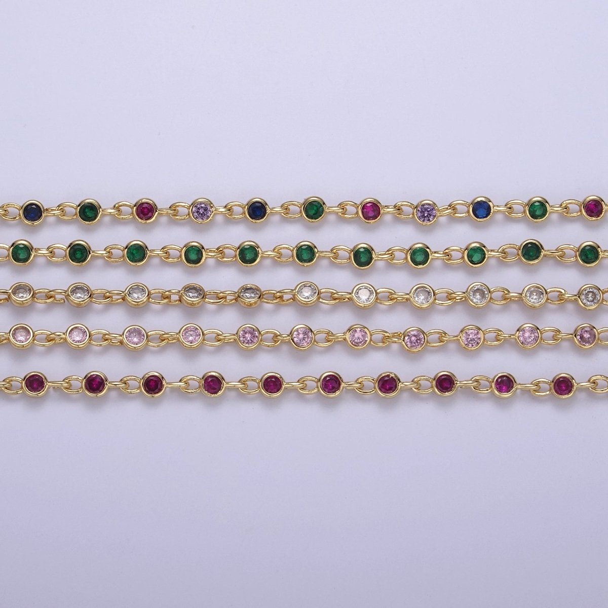 CZ Beaded Chain 4mm Round Bezel Cut Cubic Zirconia Beads Gold Filled Unsoldered Bezel Connector Beads Findings | ROLL-747 748 749 Clearance Pricing - DLUXCA